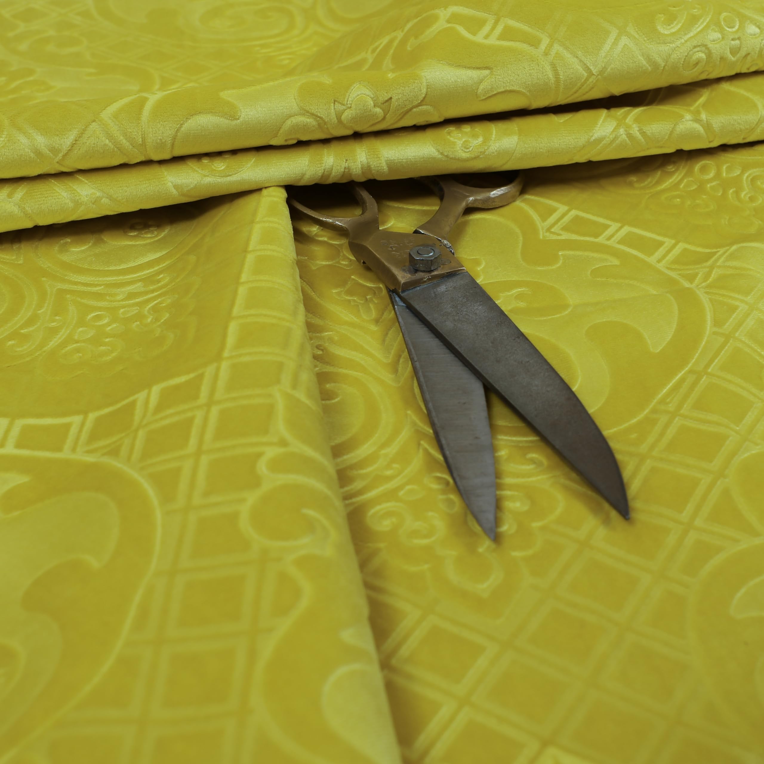 Redbrick Mill Fabrics Flame Retardant Furnishing Soft Velvet Embossed Damask Quality Pattern Upholstery Fabric Upholstery, Zest Yellow for Sofas Curtains by The Metre (Per Metre)