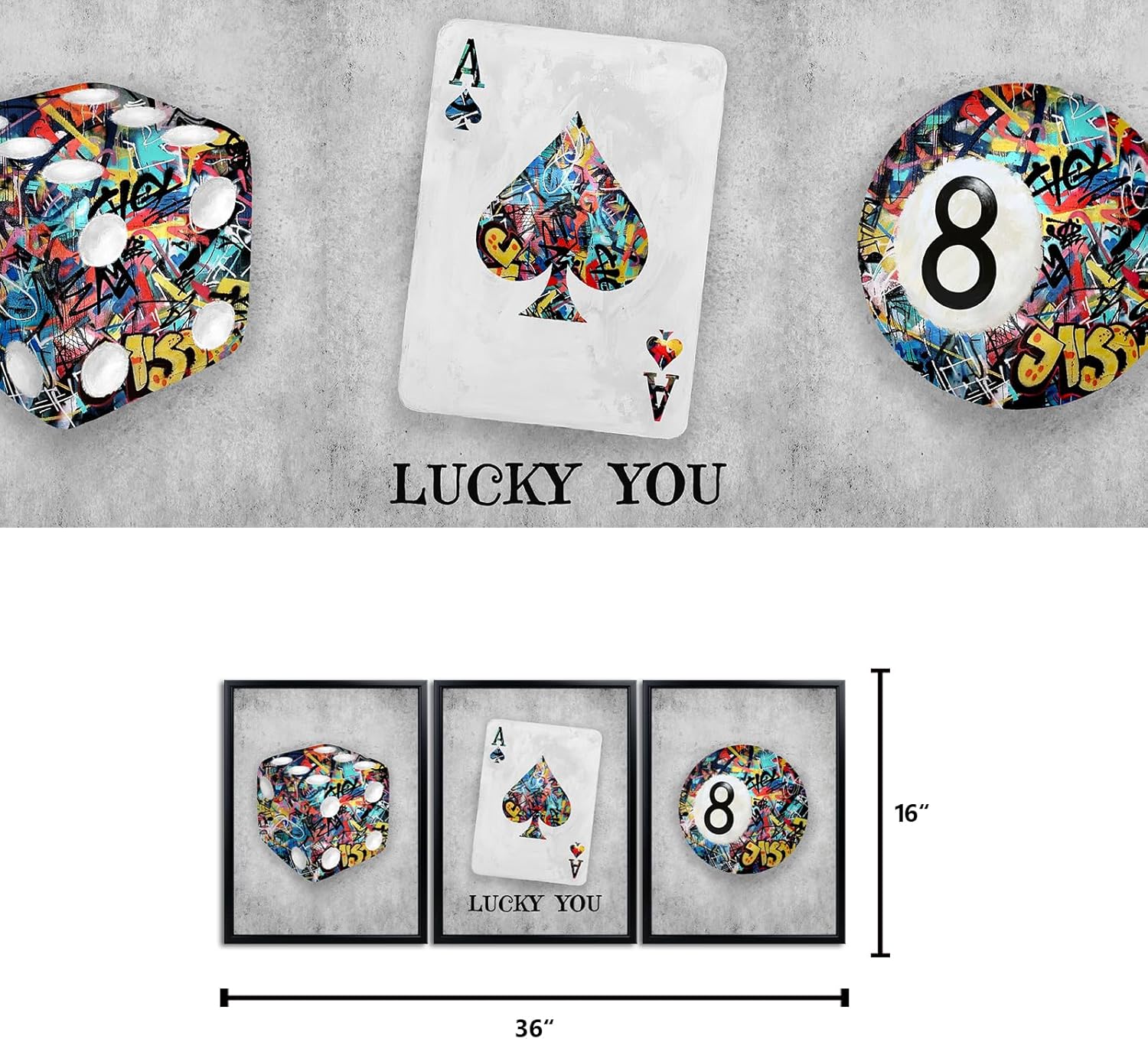 Kalormore Framed Stylish 8 Ball Wall Art Graffiti Canvas Picture Vintage Ace Cards Poster Prints Artwork Aesthetic Game Room Decor
