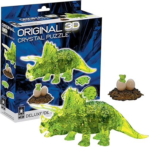 Triceratops with Baby Deluxe - Rompecabezas de cristal 3D original de BePuzzled rompecabezas de cristal tridimensionales y acertijos para
