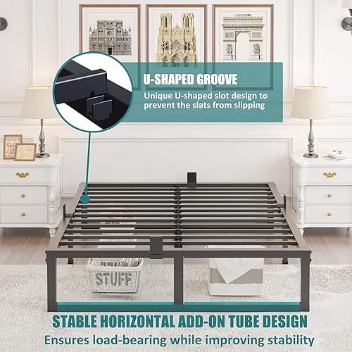 Miniatura 5 de Marco de cama de tamaño matrimonial, soporte resistente de 14 pulgadas, plataforma de metal de 3500 libras, no necesita somier, sin ruido,