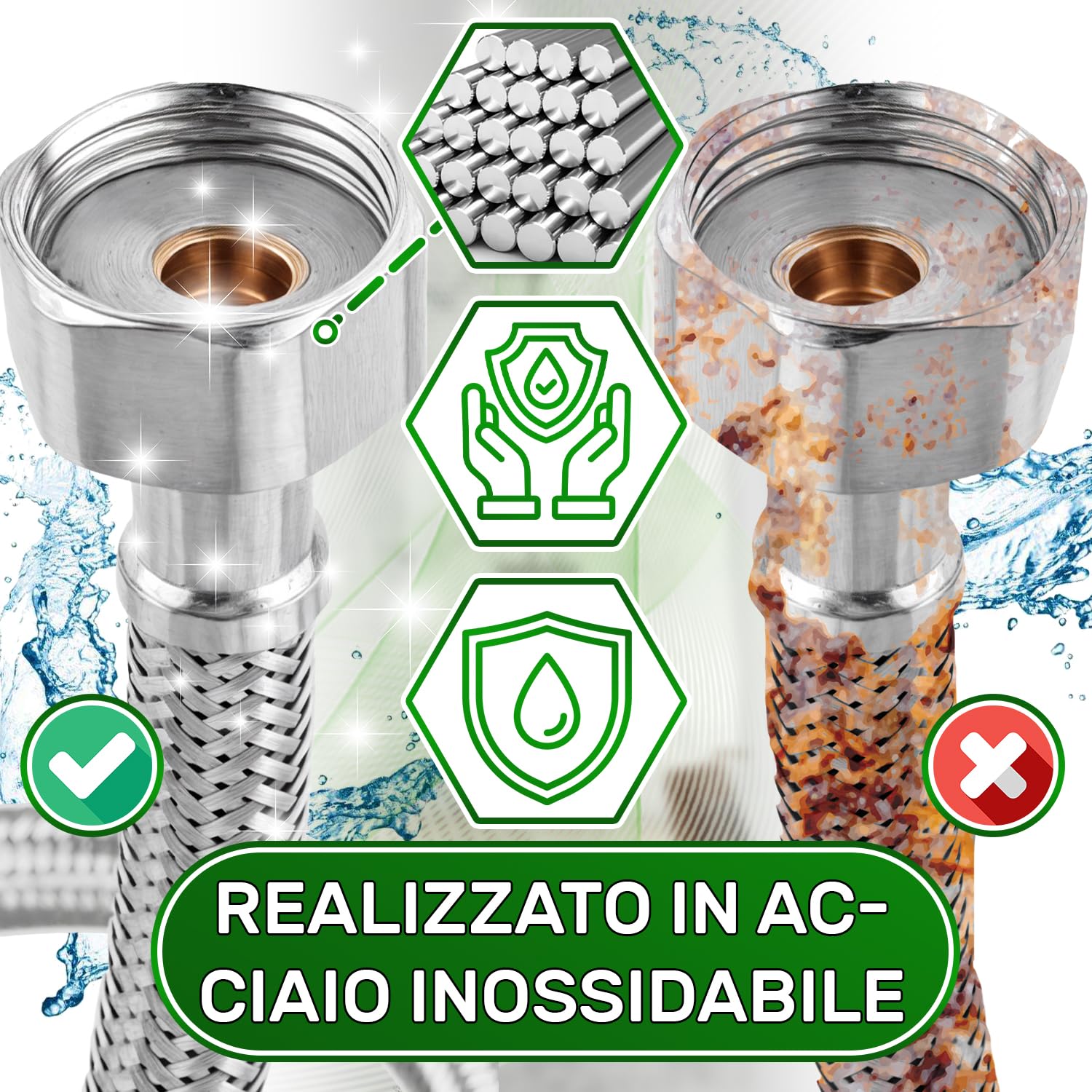 Tubo Corazzato 20 cm Femmina 1/2” x Femmina 1/2” DN8 DE13 - Tubo Flessibile Realizzato in Acciaio Inox Temperatura max 70°C Pressione di Esercizio 10 bar - Garanzia di 5 Anni - ONIX TECH