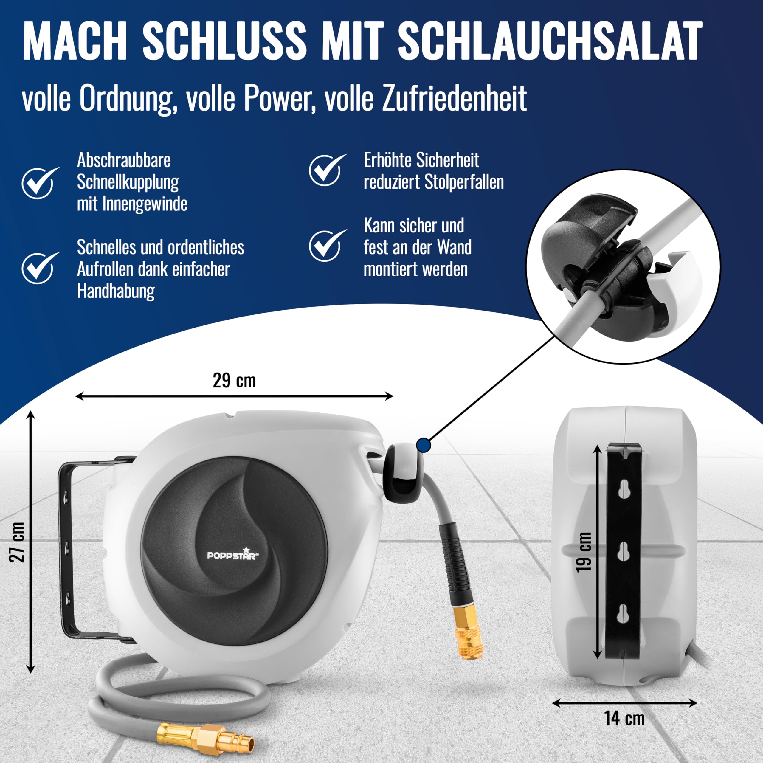 Poppstar Druckluftschlauchtrommel (10m+1m, Durchmesser 5/16" (8x12mm)) Schnellkupplung 1/4" BSPT, Schlauchtrommel mit Hybrid PVC Schlauch