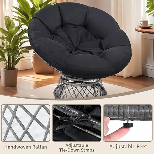 Miniatura 5 de KROFEM Silla Papasan de ratán gigante de 44 pulgadas con cojín y marco para adultos, giratoria fluida de 360, impermeable, marco gris con cojín negro