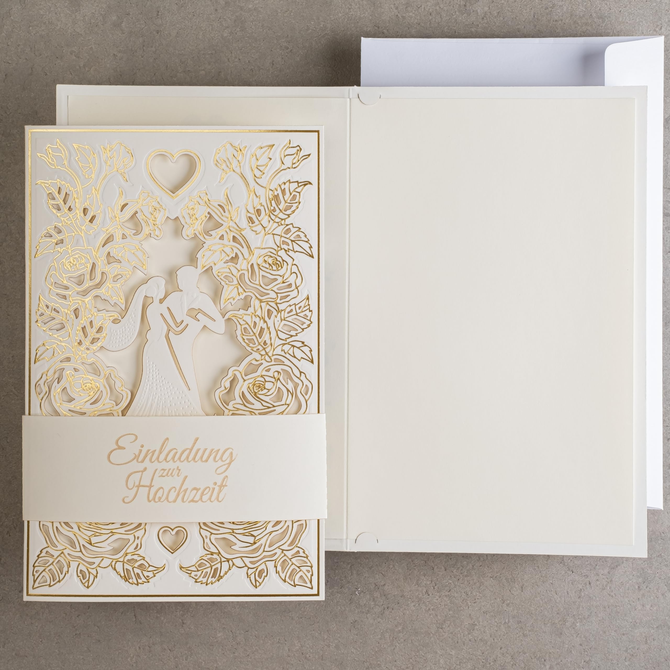 20 invitaciones de boda de 130 x 205 mm, con inserciones y sobres imprimibles para boda, corte láser, acabado con lámina dorada. Patrón prensado con inscripciones grabadas ZAP_DE_09