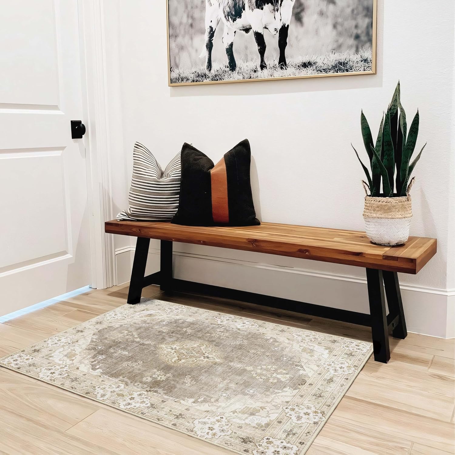 MUJOO Beige Rug 2'x3',Small Washable Area Rugs for Entryway Kitchen Bathroom Bedroom,Boho Vintage Bohemian Distressed Farmhouse Non Slip Carpet, Floral - Image 2