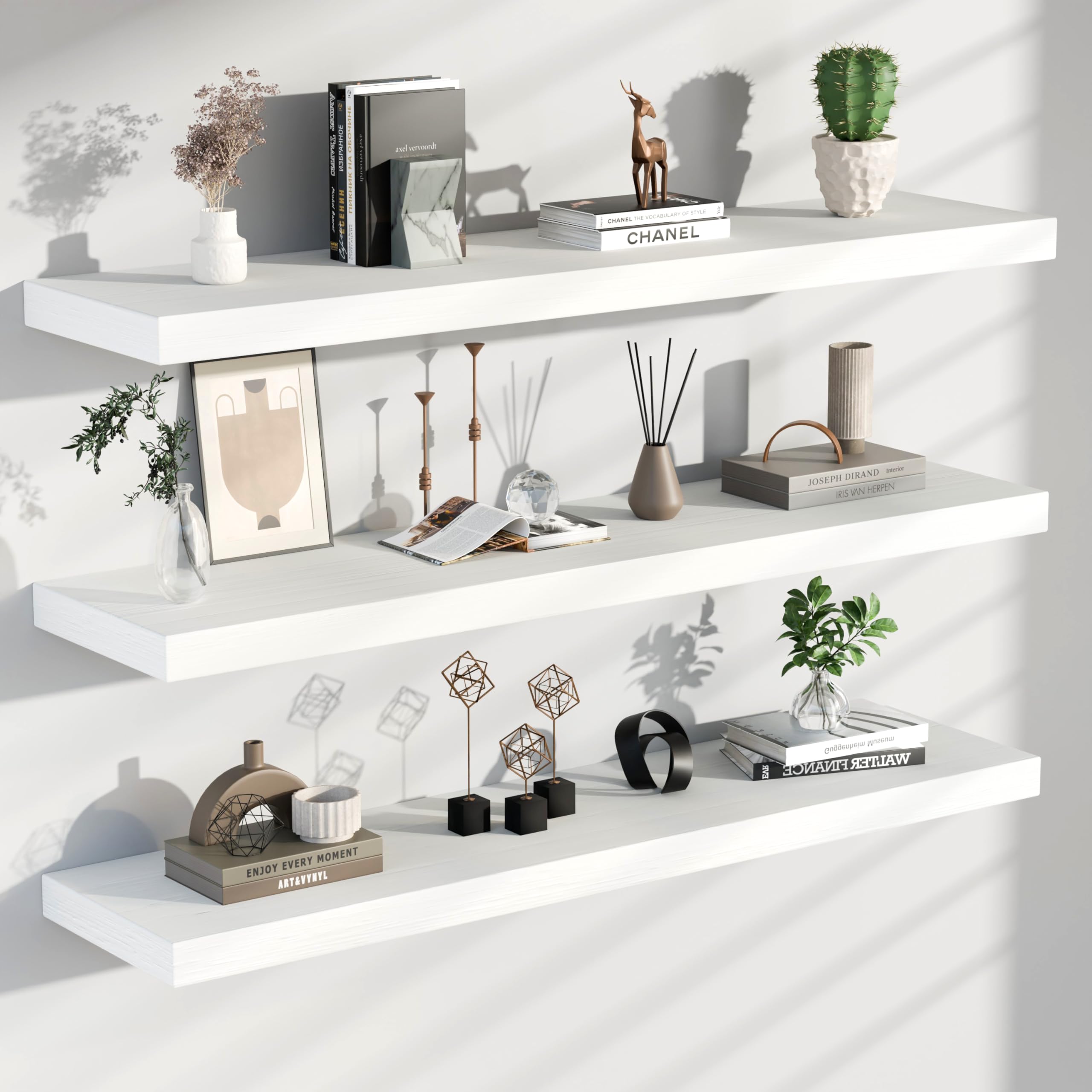 floating shelves for wall, 48 inch extra long white wall shelves, set of 3, hanging invisible brackets floating shelves for living room,bedroom,and kitchen