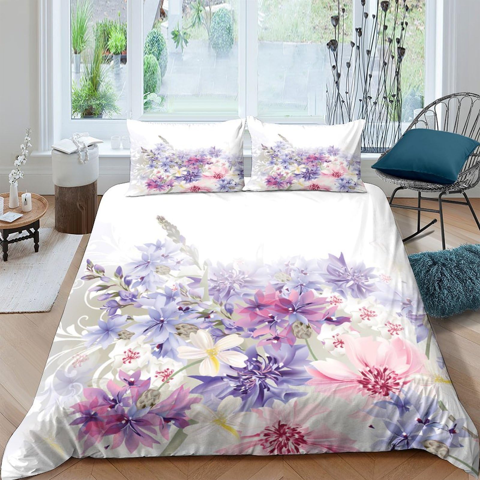 GPLZQXKJNH 3D Printed Watercolor Floral Duvet Cover Microfiber Soft Breathable Pastel Blossom Bedding Set with 2 Pillowcases for Bedroom Decor Single（135x200cm）