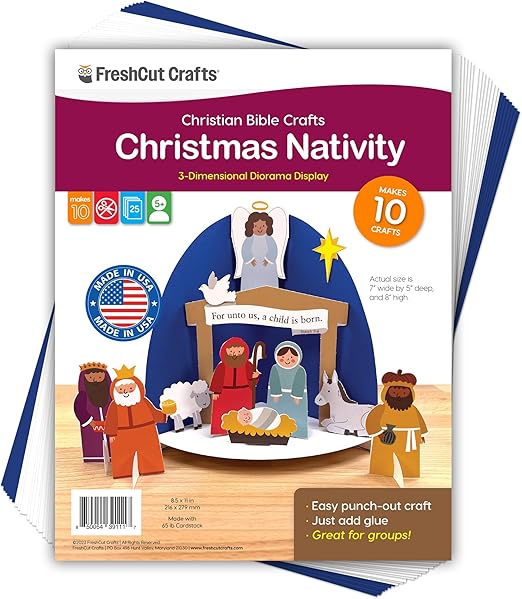 FreshCut Crafts Children’s 3-D Punch-Out Christmas Nativity Bible Craft Kit – Makes 10 Tabletop Display Creations for Sunday School, Homeschool & Church Activities – US-Made Quality Card Stock