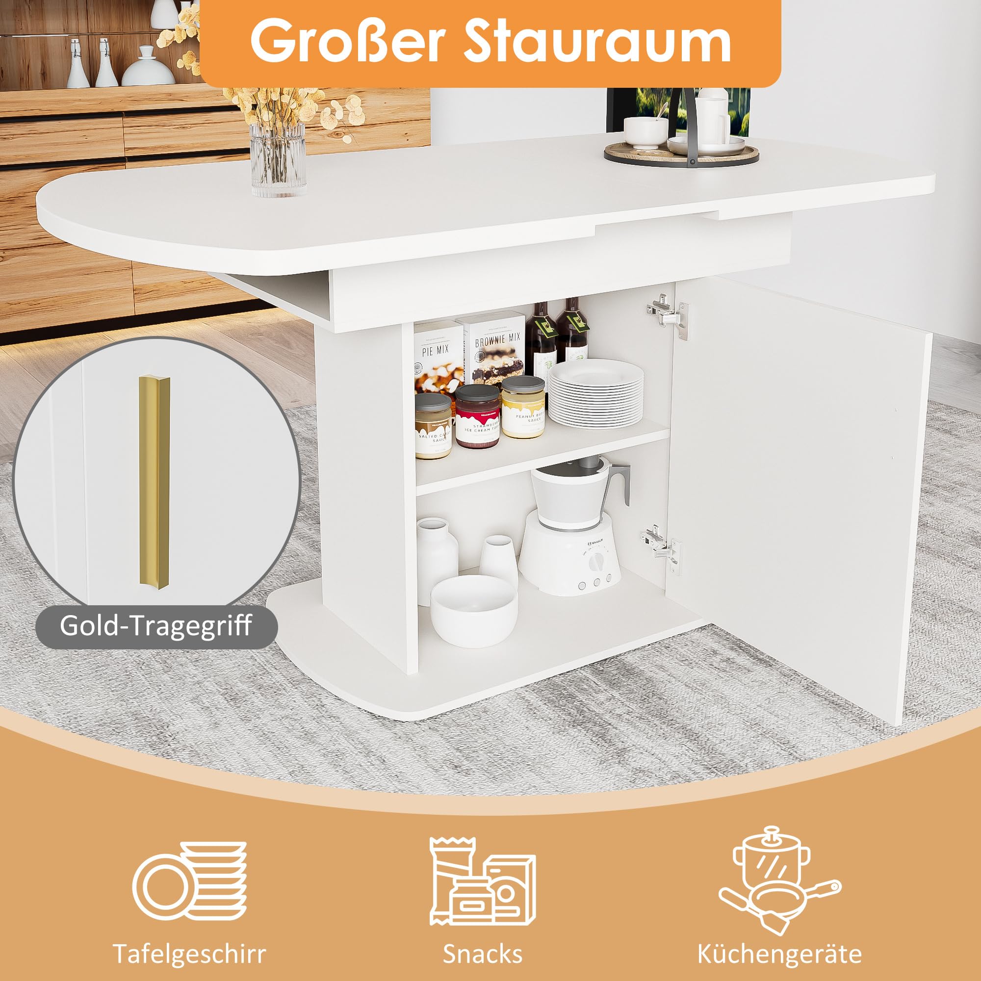 Tavolo da pranzo ovale allungabile con spazio 110 – 130 x 70 x 75 cm, moderno, minimalista, salvaspazio, multifunzione, bianco, con manici dorati