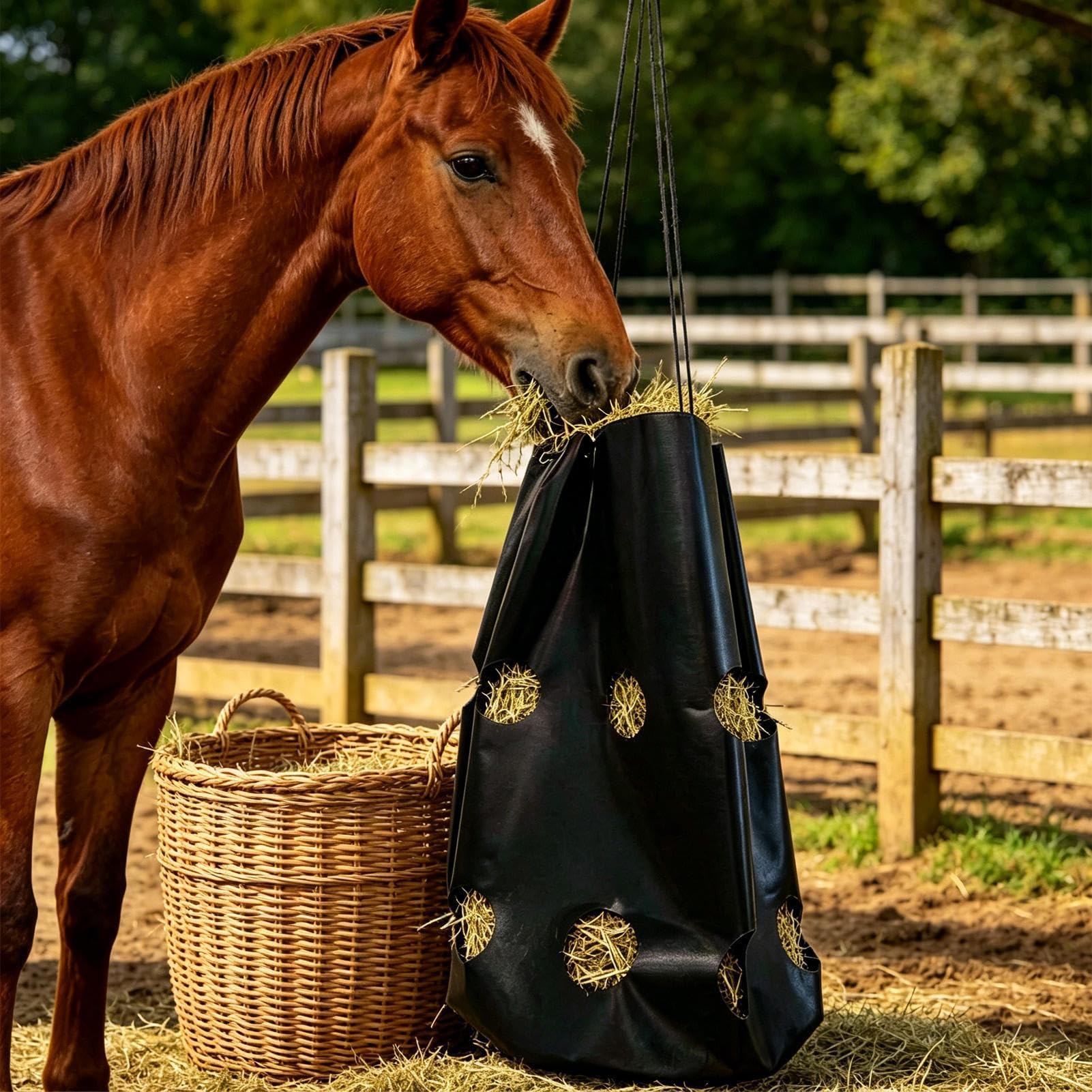 Bolsas de heno para caballos | Organizador grande ajustable con 16 agujeros | Red de alimentación lenta de heno | para cabras, ovejas, establos, remolques, transporte, paddock, granja, rancho