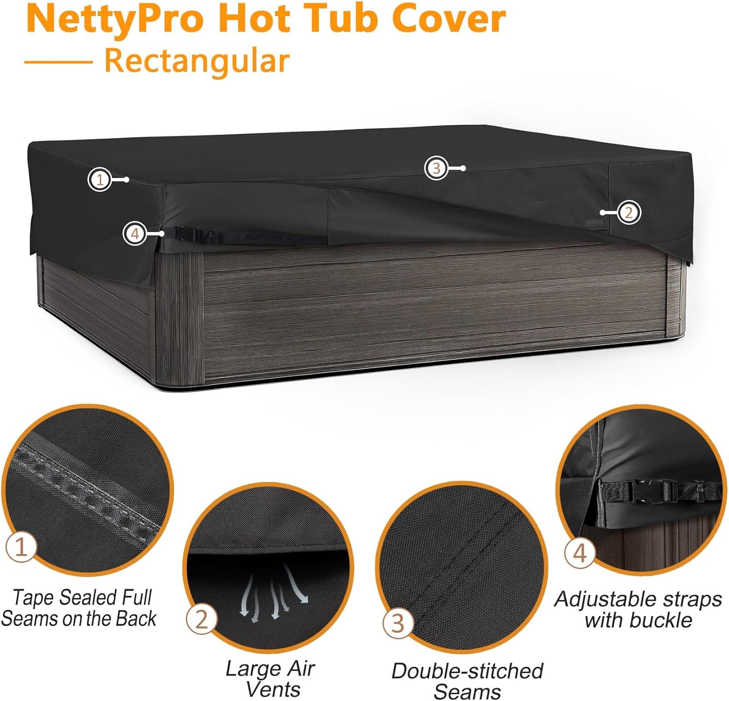 NettyPro Hot Tub Cover Protector Waterproof Outdoor SPA Cover Cap for Rectangular Hot Tub, 84 x 65 inch, Black
