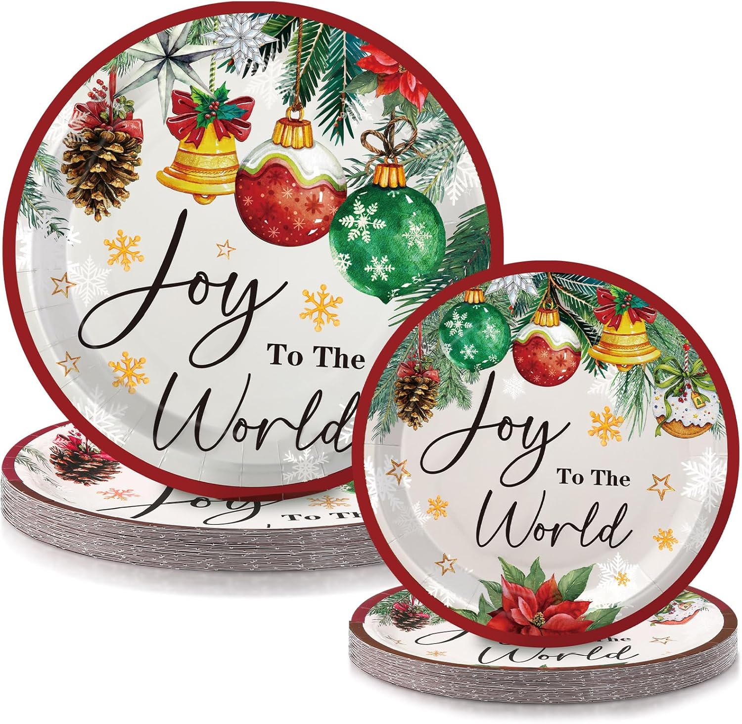 Funnymoom 48 Pcs Christmas Paper Plates Include 9 Inch Joy to The World Plate 7 Inch Watercolor Pine Xmas Ball Plate for Holiday Party Supplies