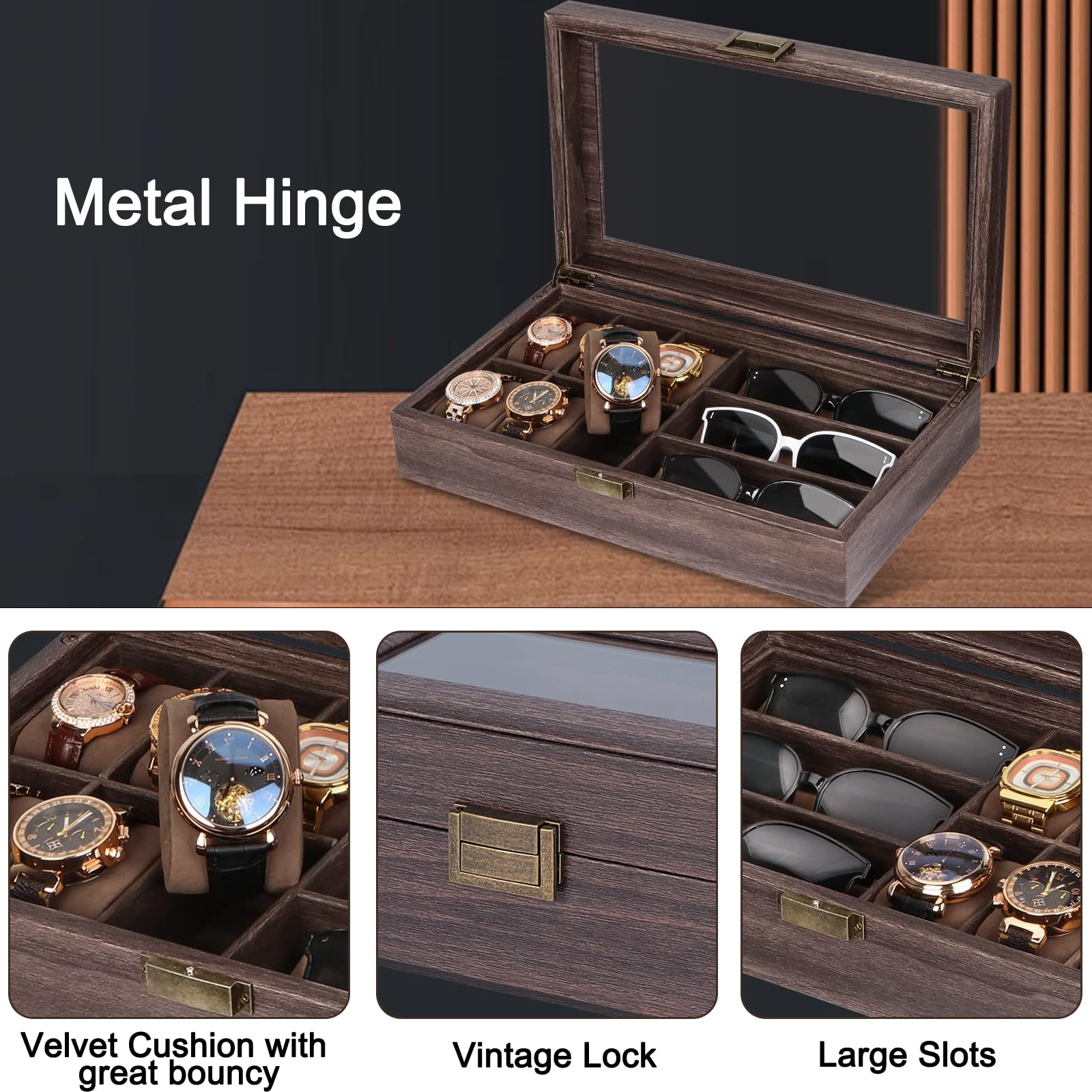 Bois Boîte à lunettes en Cuir Écrin Boîte Montres pour 6 montres et 3 pièces de Rangement lunettes de soleil (39 * 21.5 * 8.5cm)