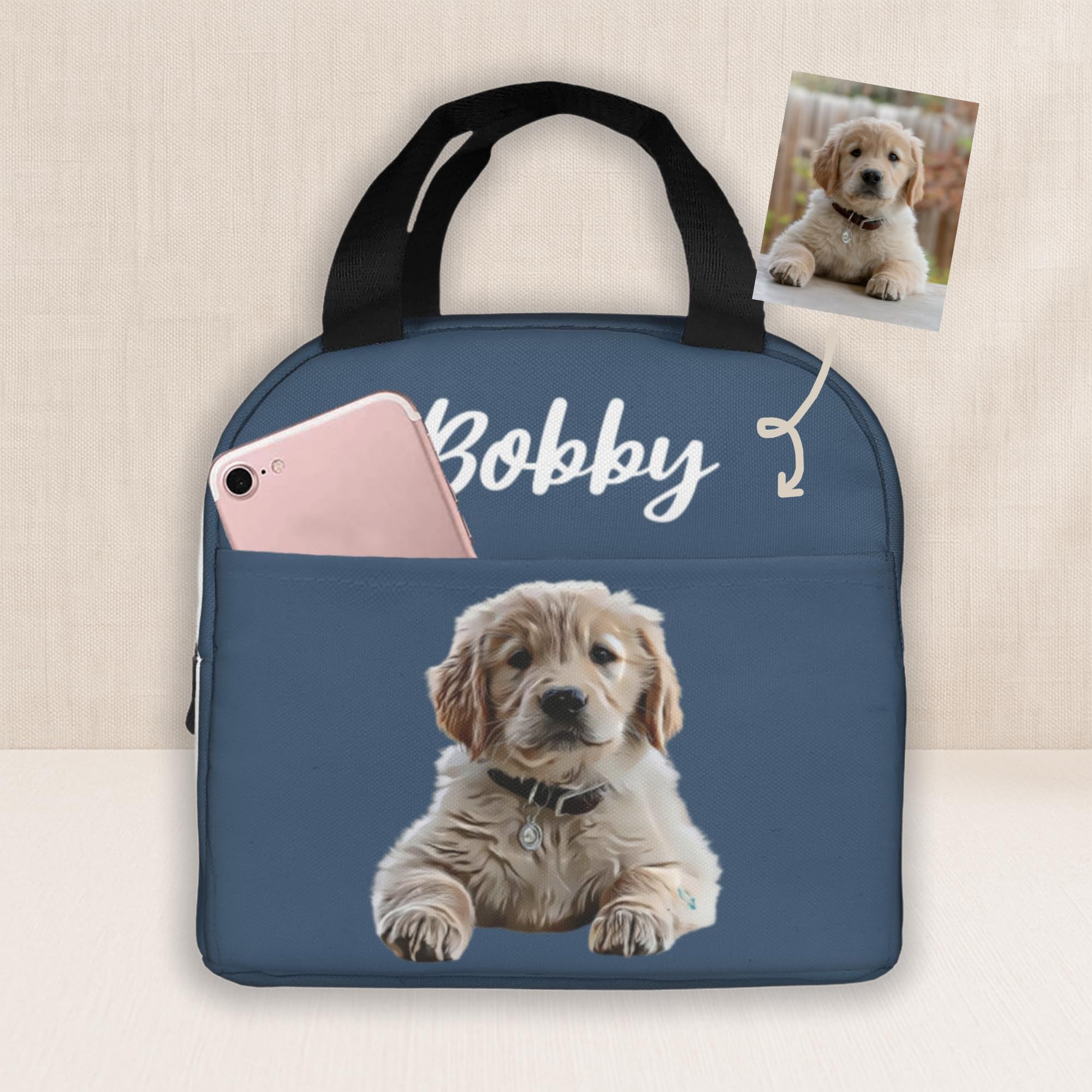 Personalised Pet Photo Lunch Bag, Custom Lunch Box with Dog Cat Photo&Name, Insulated Food Container Cool Bag Portable Reusable Food Tote for Pet Lovers - Gifts for Birthday, Christmas - Dog Mom Gifts