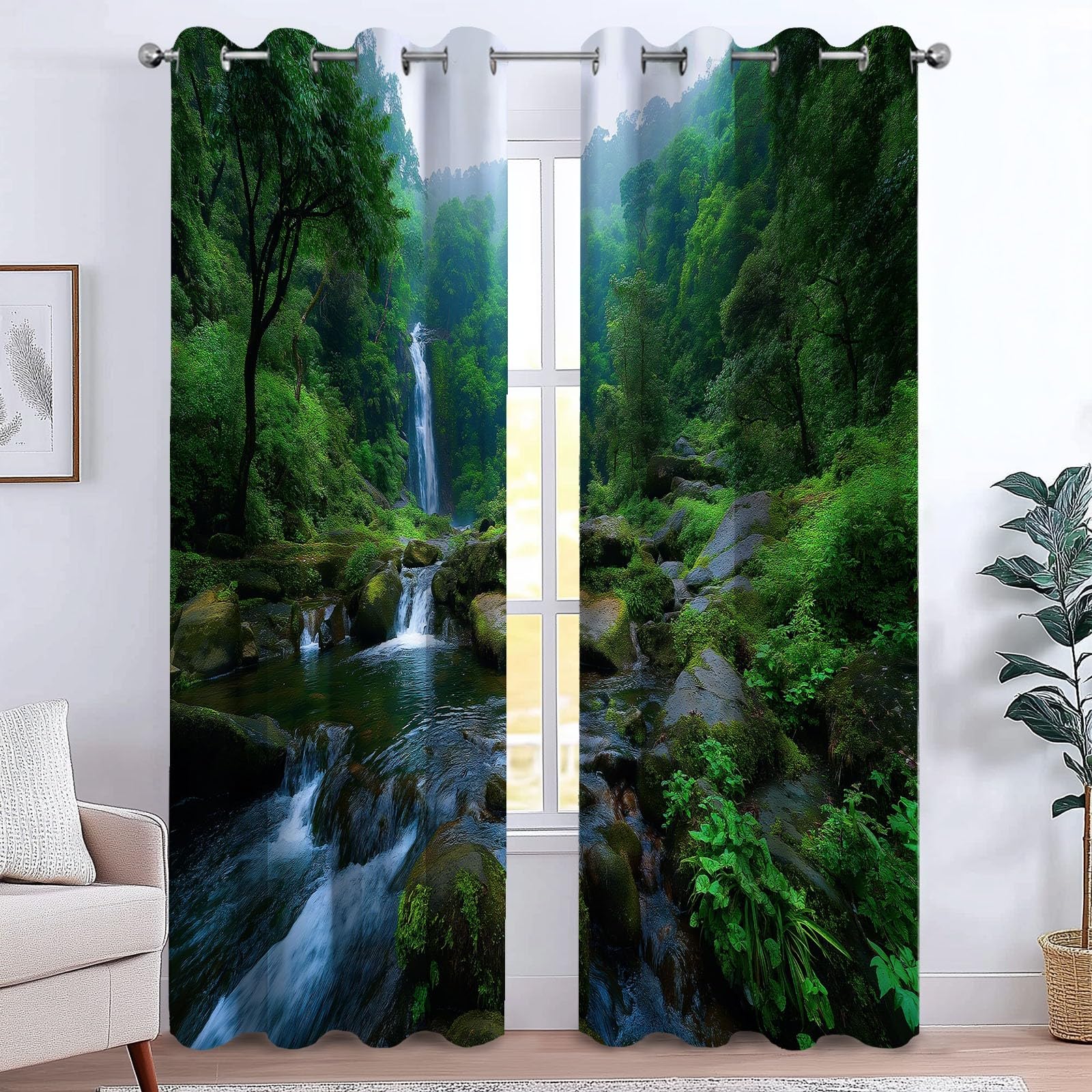 Verdunklungsvorhänge Wald Dschungel Kinderzimmer Vorhänge Blickdicht, Dunkelgrün Thermovorhang mit Ösen, für Schlafzimmer Fenster & Balkon Abenteuer Fotografie - 110 x 215 cm (2er Set)