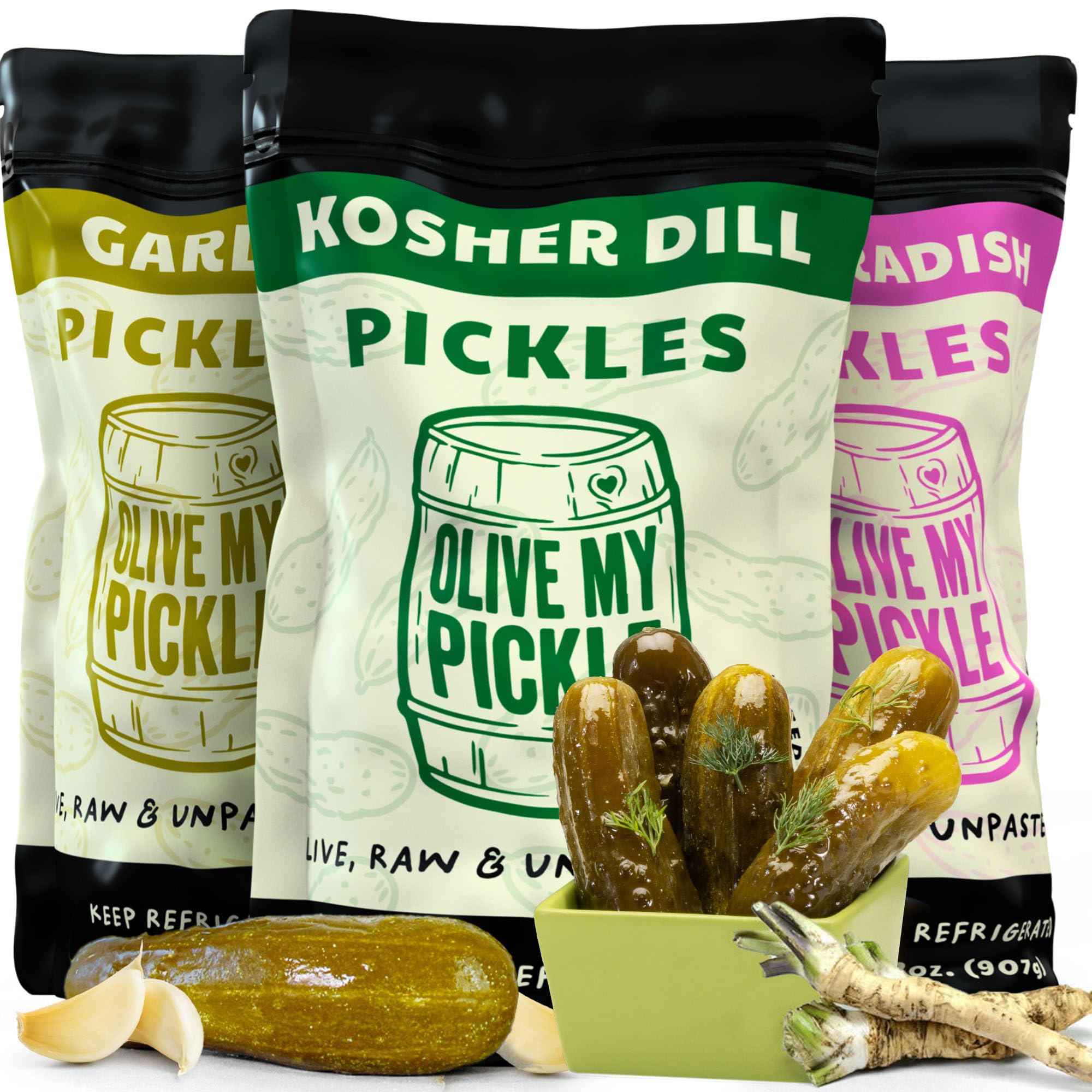 Olive My Pickle Fermented Pickles Probiotic Variety Pack - 96 Ounces | 3-Pack Bundle of Kosher Dill, Garlic, Horseradish Kosher Dill Pickles and Brine with Digestive Enzymes for Gut Health - 32 oz per bag