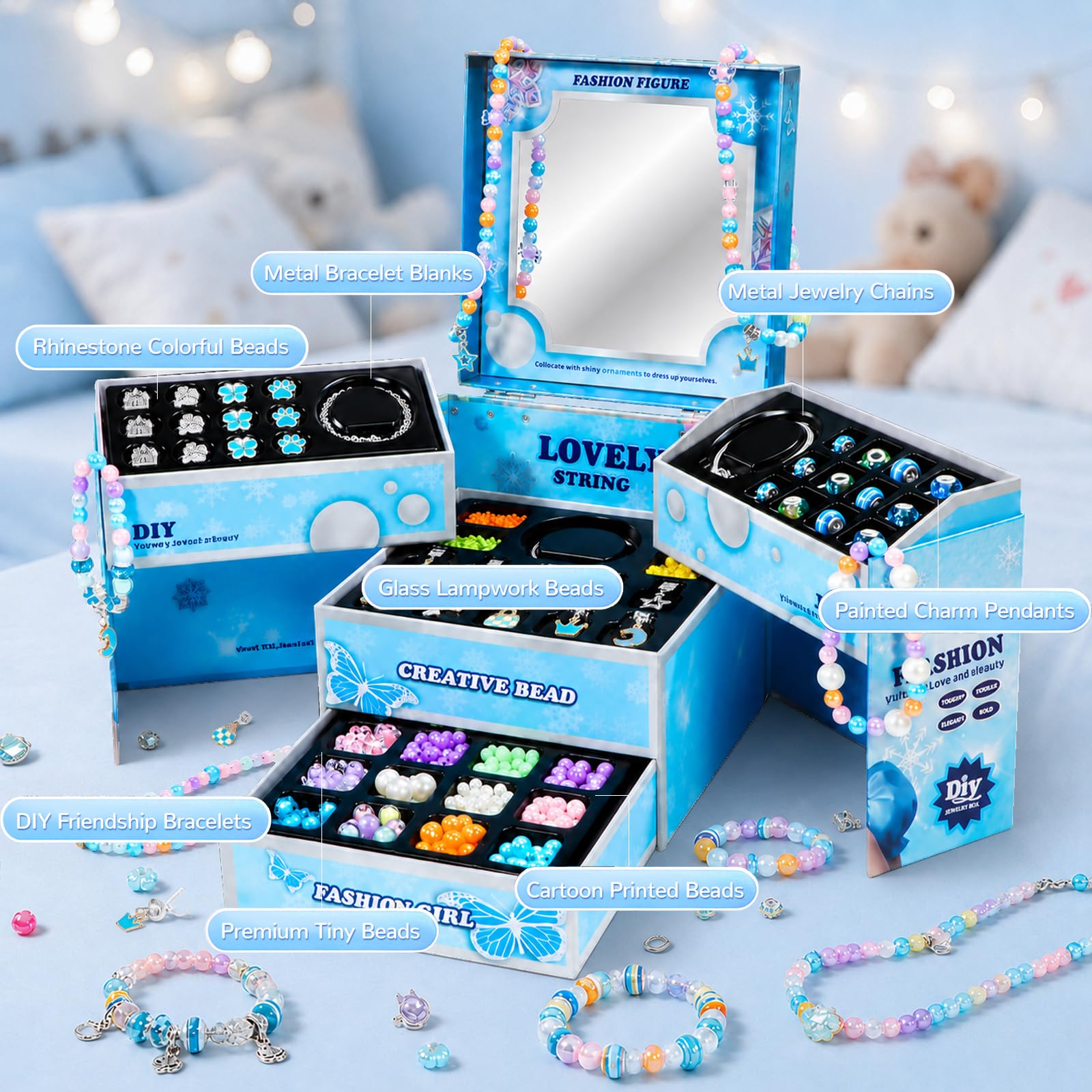 JeeMoien kit creazione braccialetti ciondoli per bambine 5,6,7,8-12, kit braccialetti amicizia con scatola portagioie, regalo compleanno blu per bimbe 6-11 anni