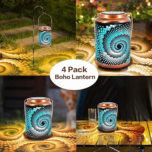 Miniatura 7 de YISITEONE Paquete de 4 faroles solares de mosaico bohemio para exteriores, luces de mesa azules impermeables, decoraciones turcas marroquíes para