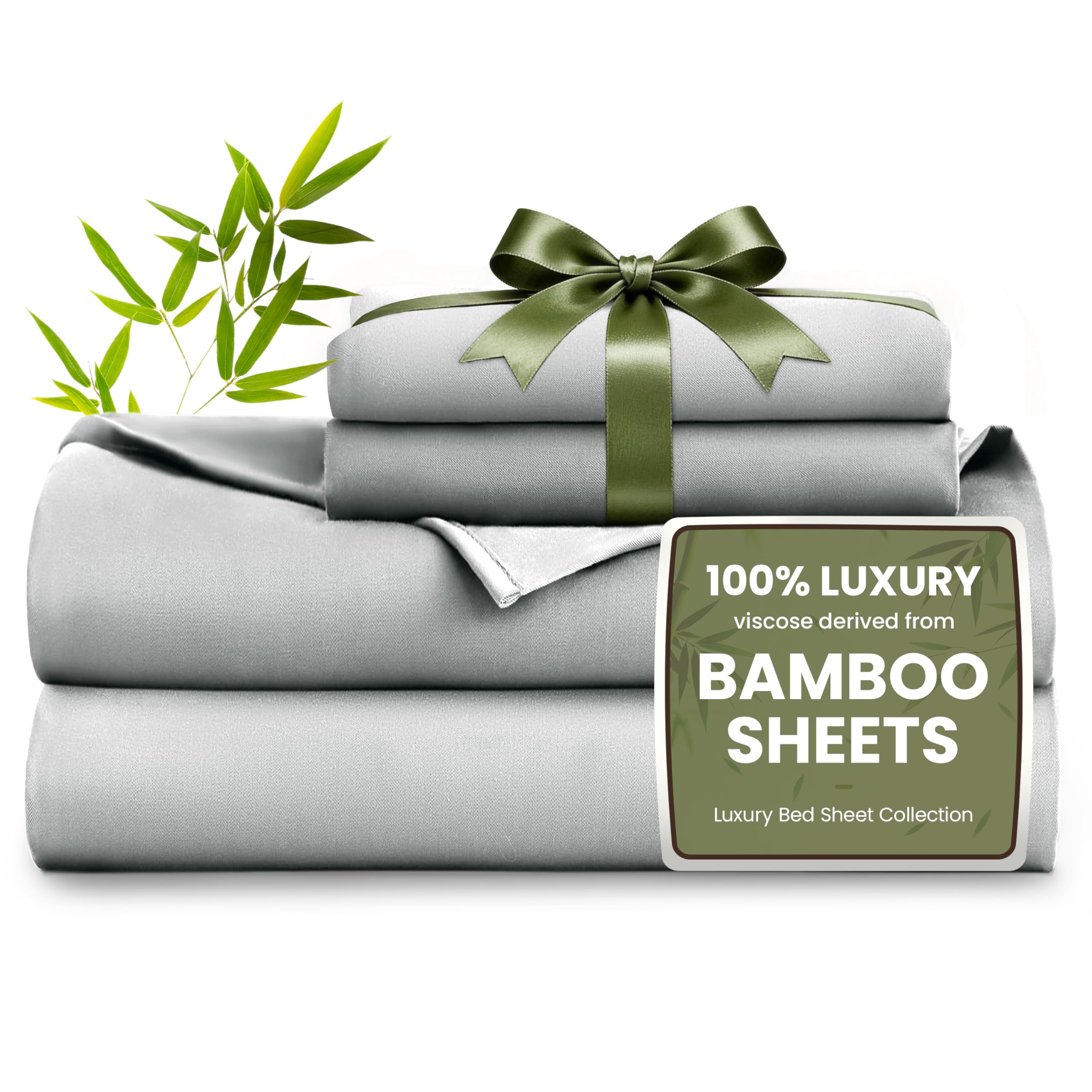 Love's cabin 4 Piece King Size Sheet Set, 100% Rayon Derived from Bamboo, Cooling & Breathable, Soft Silky Deep Pocket up to 16", Hotel Luxury Bedding for Hot Sleepers, Light Grey