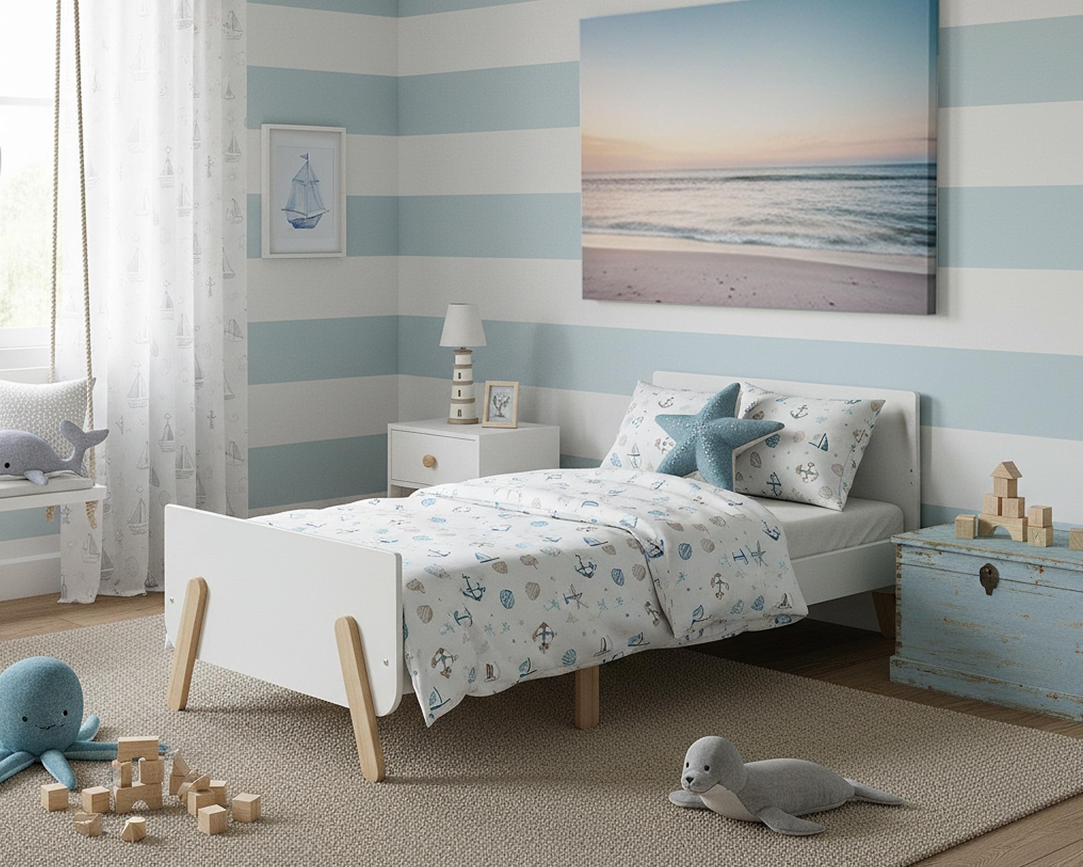 Jurababy WEBABY - Łóżko dziecięce z rozkładanego drewna 80x140-165-190 pirat z materacem - białe