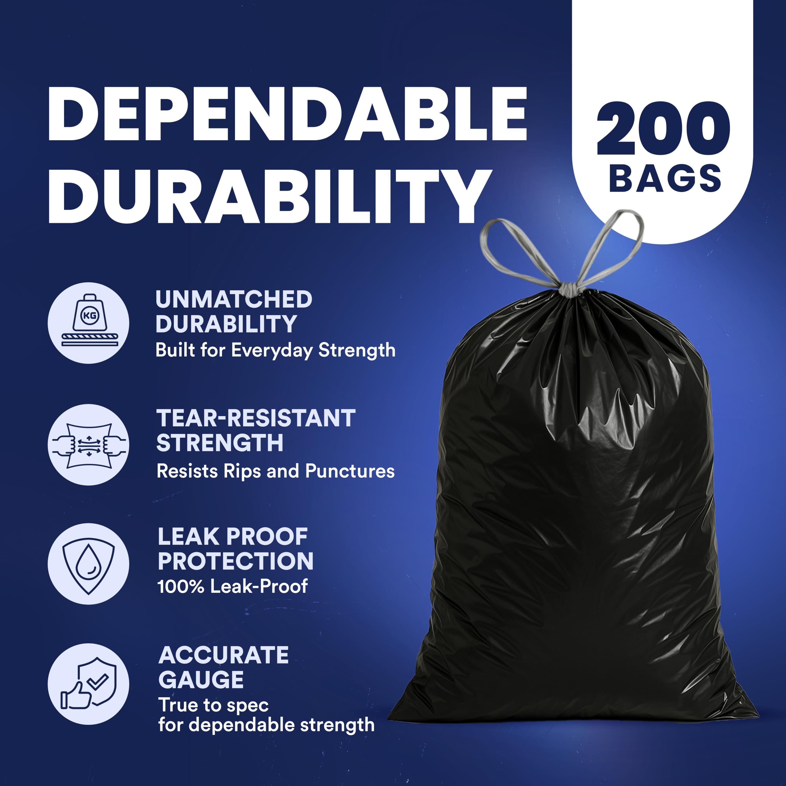 Plasticplace Bolsas de basura de cocina extra altas con cordón de 13 galones | Negro 1.2 mil, 24 pulgadas de ancho x 31 pulgadas de alto (200 unidades)