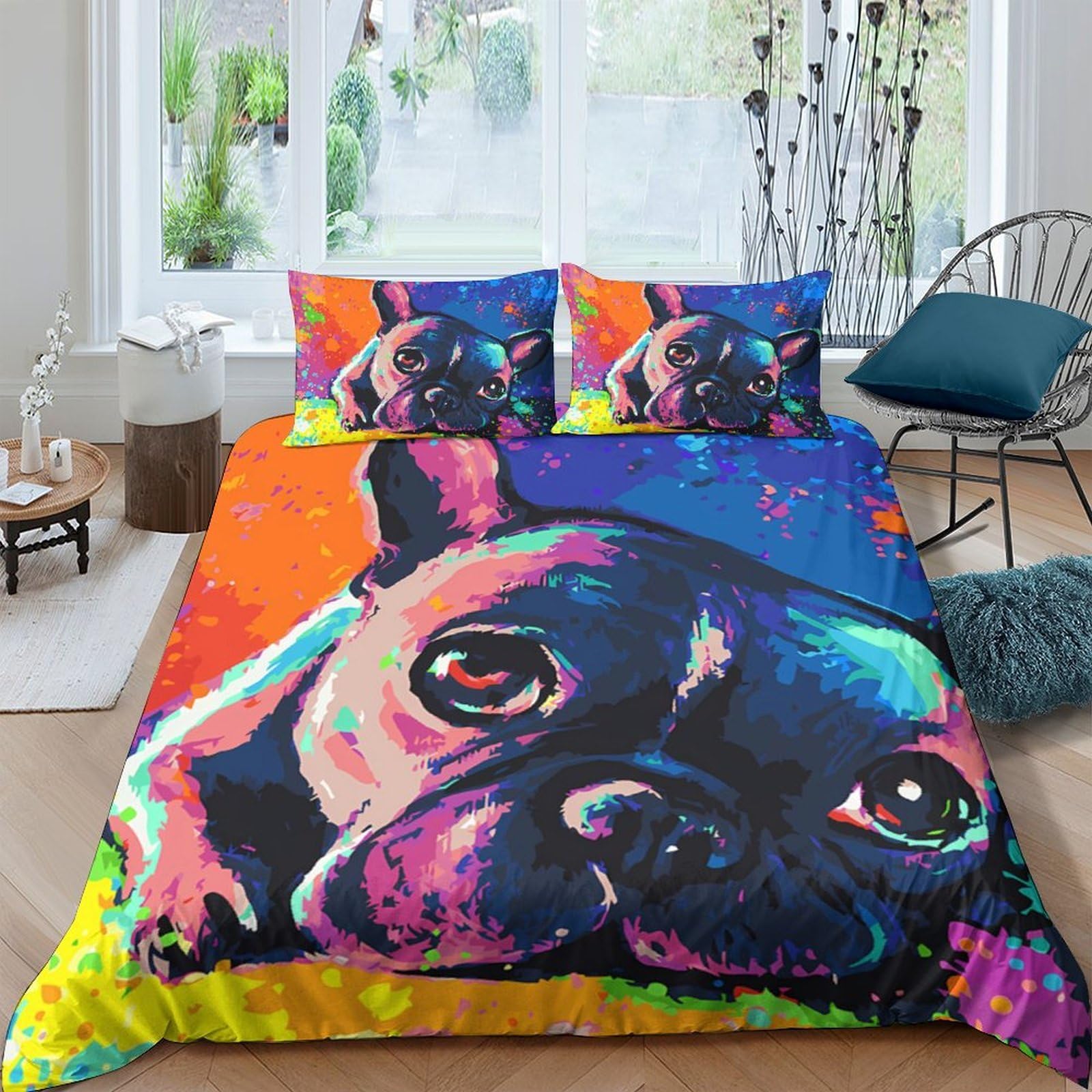 Ctjqhvkz Style-2 3D Printed Colorful French Bulldog Fitted Sheet Microfiber Soft Breathable Abstract Bed Cover For Bedroom Decor Single（135X200cm）