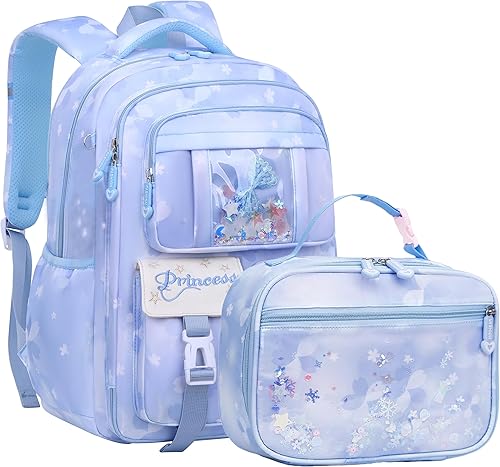 Wraifa Juego de mochila y lonchera para niñas, mochila de lentejuelas para niñas, escuela primaria, preescolar, bolsa de libros para niños (bolsa de