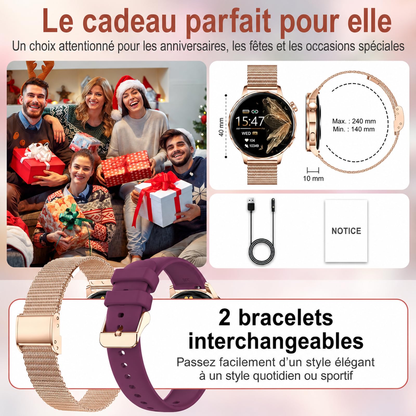 Efolen Montre Connectée Femme avec Appel Bluetooth, 1.27" HD Rond
