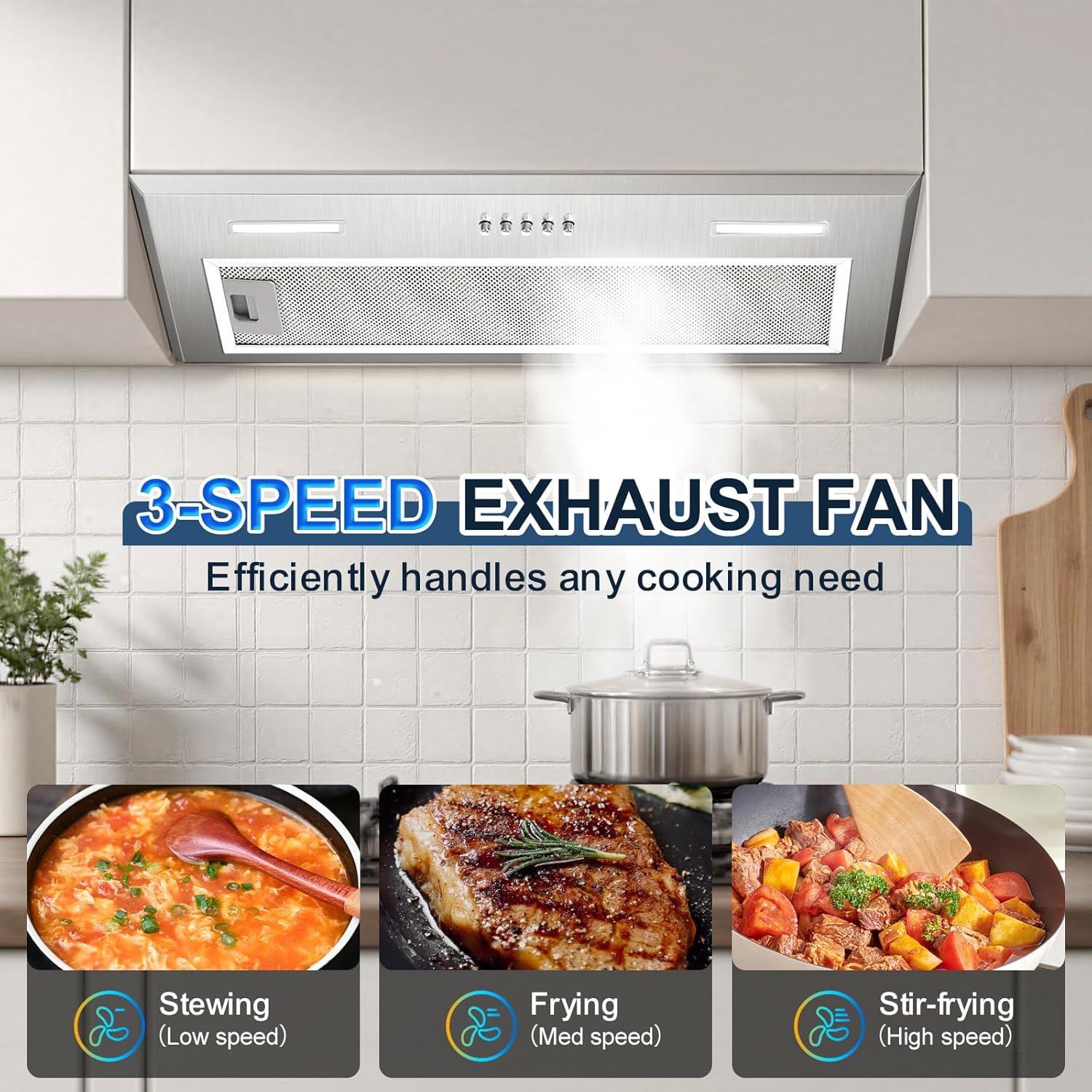 insert range hood 24inch, built-in kitchen hood with 353 cfm, 3-speed vent hood with push button control led lights, metal filter, suitable for home kitchen, compact kitchen, apartments stainless steel