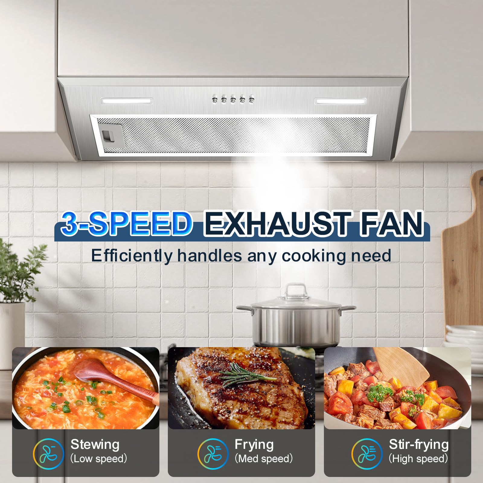 Insert Range Hood 24Inch, Built-in Kitchen Hood with 353 CFM, 3-Speed Vent Hood with Push Button Control LED Lights, Metal Filter, Suitable for Home kitchen, Compact Kitchen, Apartments - 3