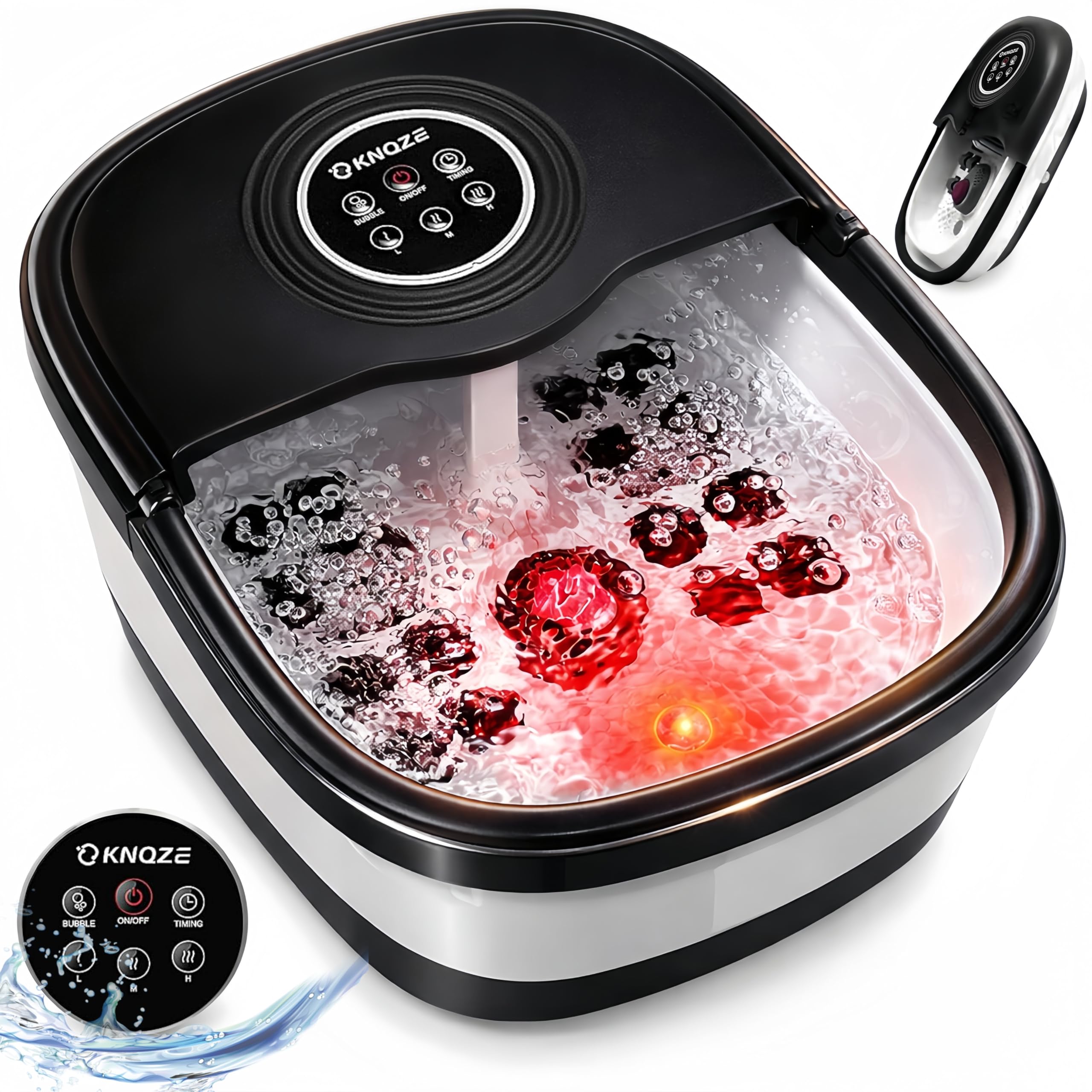 KNQZE Collapsible Foot Spa Bath with Heat & Remote Control, Bubble Massage, Temperature Control, Red Light, Timer, 16 Rollers & Pumice Stone for a