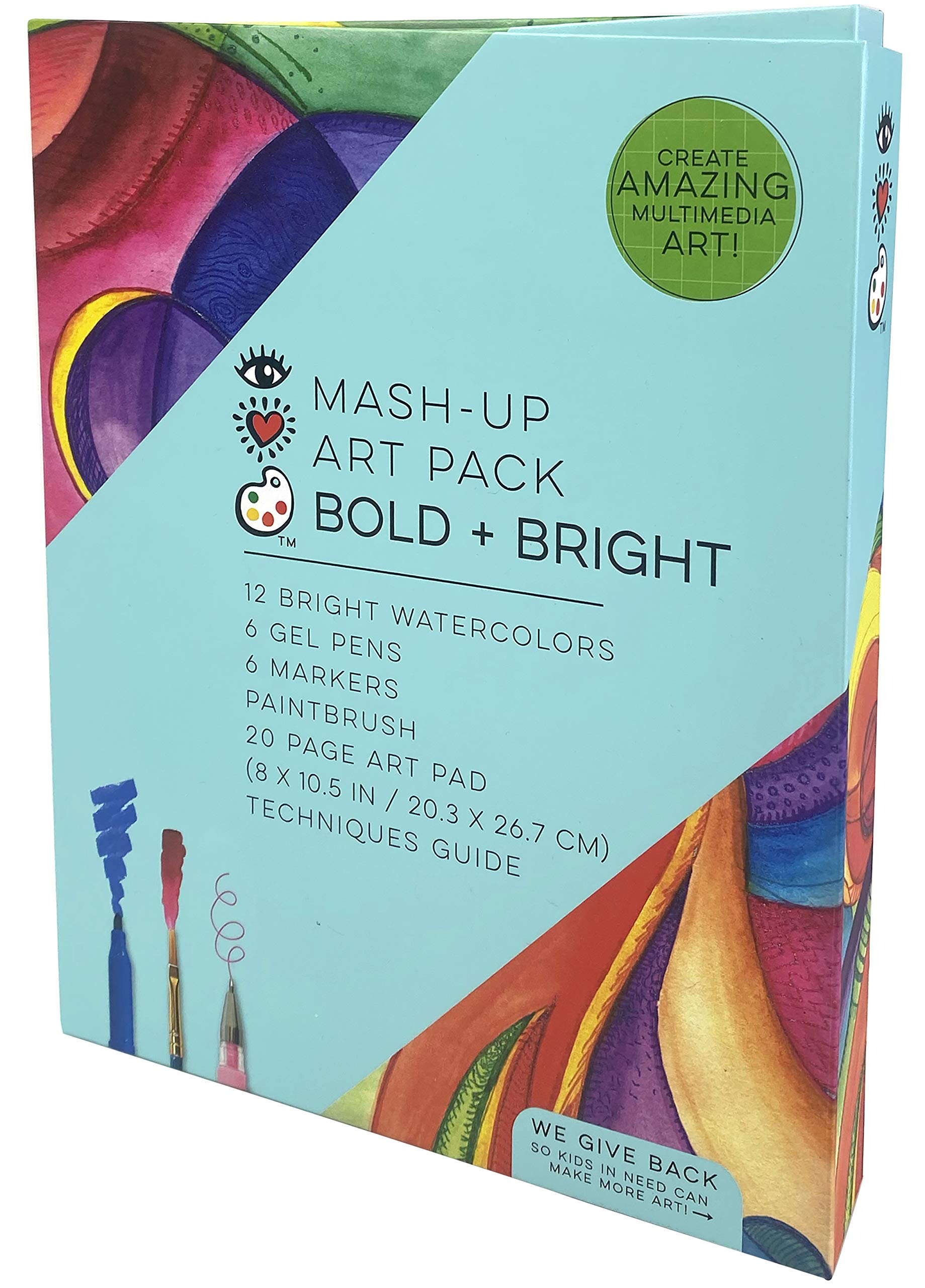 Bright Stripes iHeartArt Kids Art Set, Portfolio Kit Includes 12 Bold and Bright Watercolor Paints, 6 Gel Pens and 6 Markers, Paintbrush and 20 Page Art Pad, Great Creative Gifts