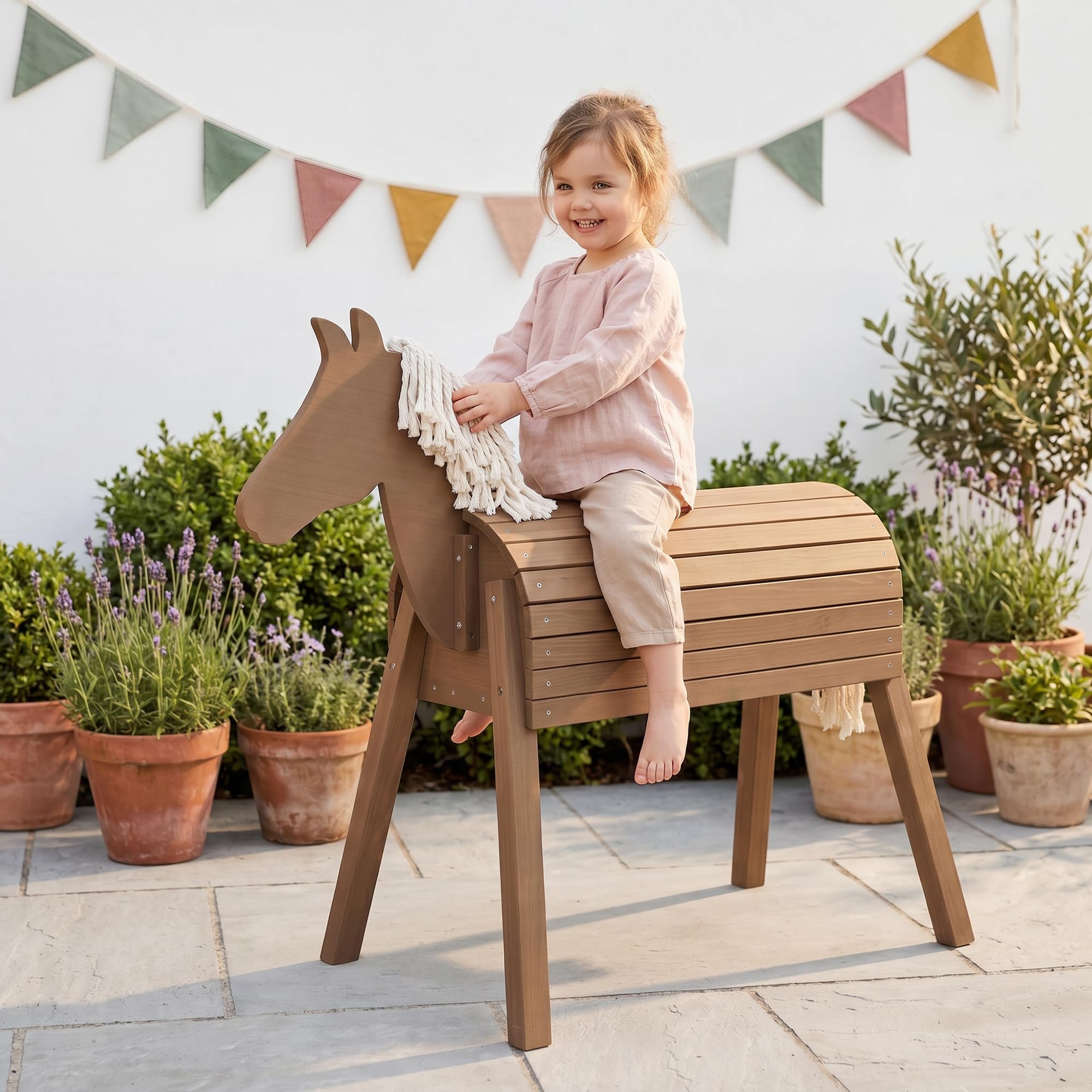 roba Cheval d’extérieur en bois massif - Cheval en bois résistant aux intempéries pour le jardin - Cheval de voltige pour monter, grimper et faire de la gymnastique - En bois durable - Lasuré teck | Jouet en bois durable
