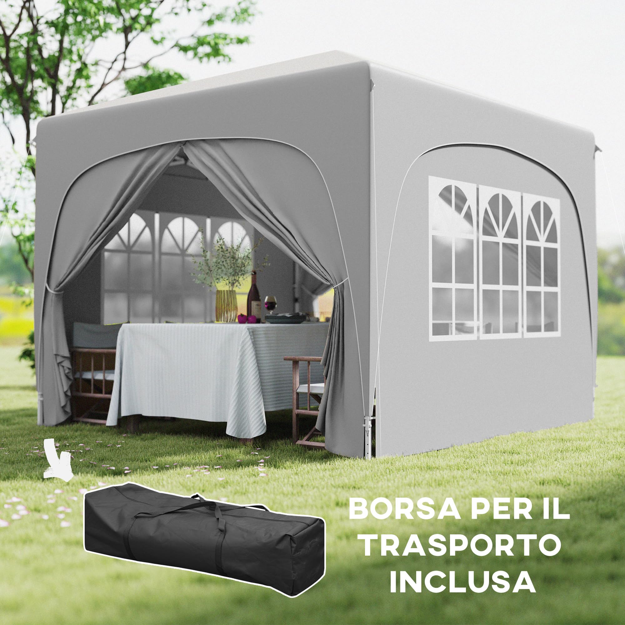 Outsunny Gazebo 3x3 m Pieghevole con Pareti a Rete, Altezza Regolabile e Anti-UV, Gazebo da Giardino Pop Up, Tende per Eventi e Tendoni, Tenda per Giardino, Feste, Campeggio, Grigio Chiaro