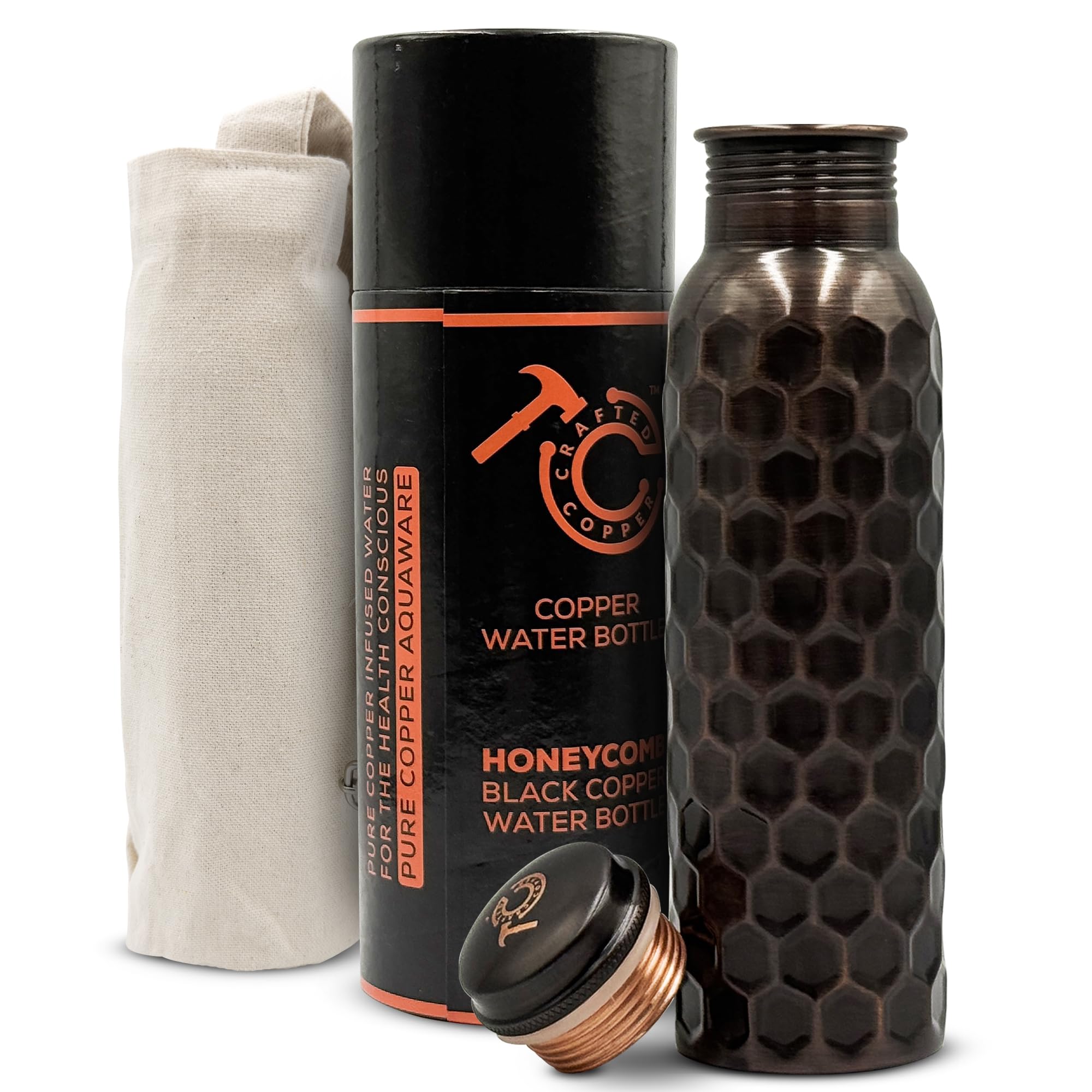 CRAFTED COPPER 100% Pure Copper Water Bottle for Drinking - 34 Oz Extra Large Honeycomb Ayurvedic Vessel
