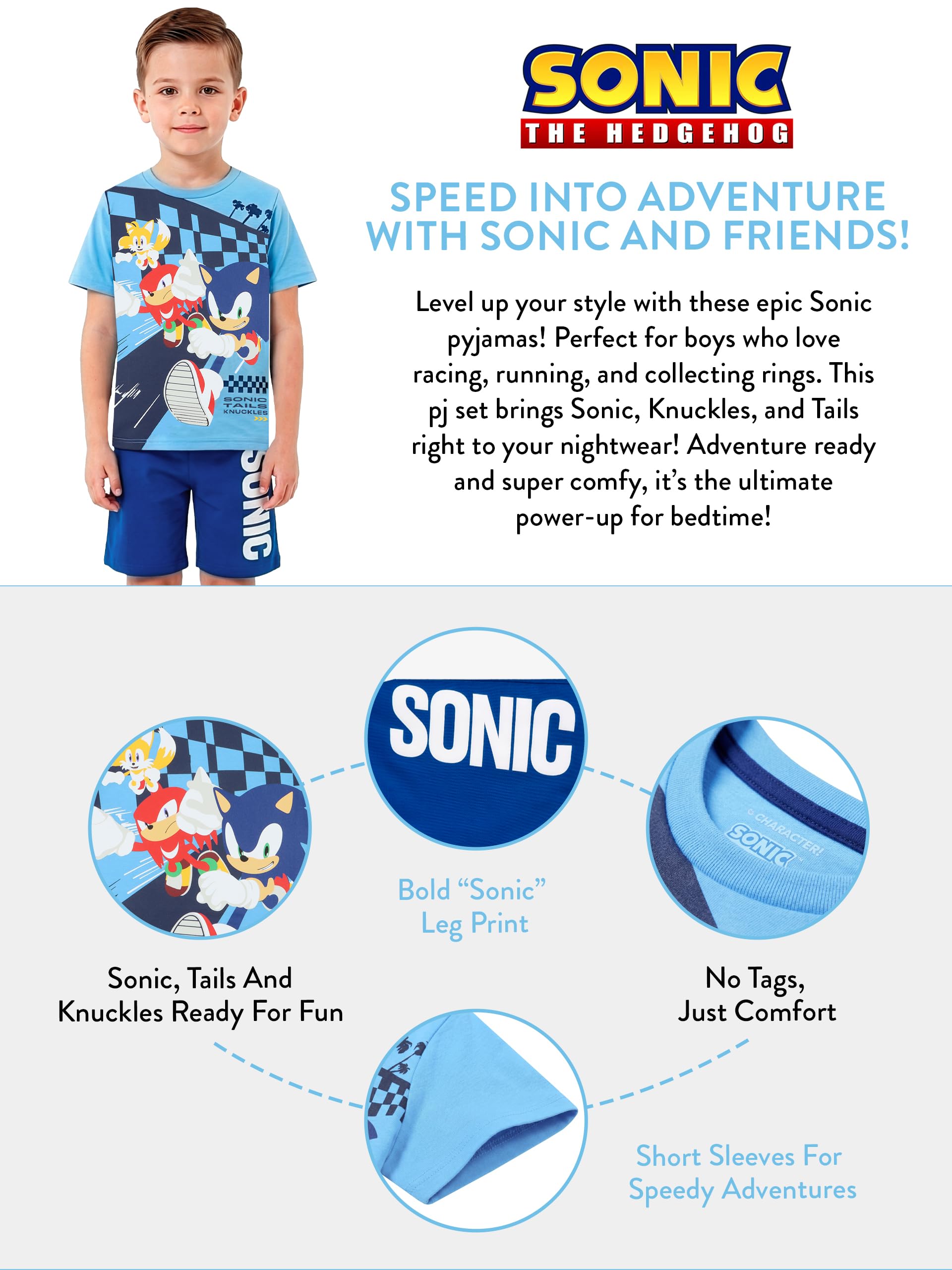 Sonic The Hedgehog Pyjama Kinder, Schlafanzug Kinder Jungen Kurzarm Set Mit Sonic Und Knuckles, Schlafanzug Für Jungen