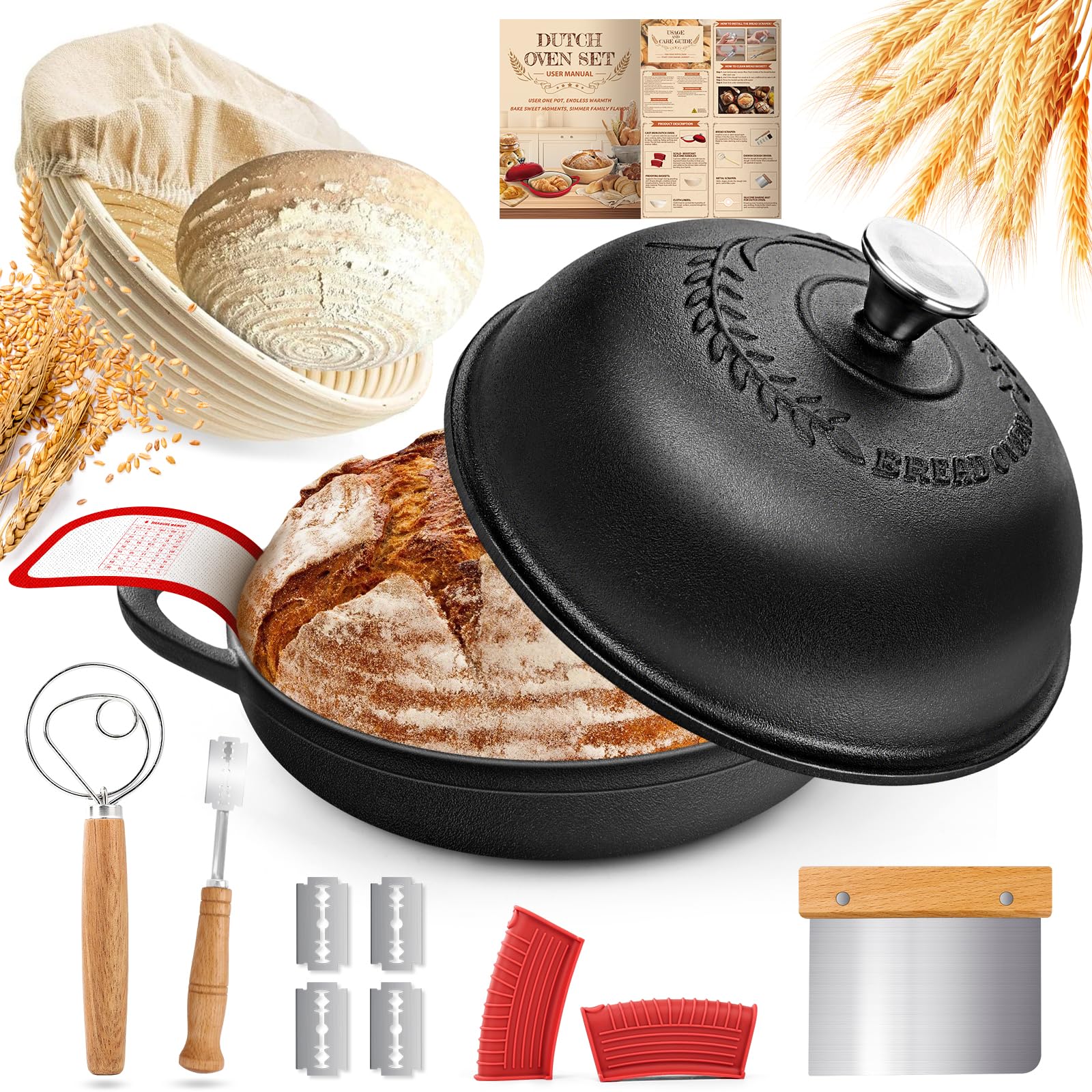 NZQXJXZ Casseruola e Pentole in Ghisa con Coperchio, Pentola a Induzione per Stufati e Brasati, Cestino per Lievitazione del Pane a Lievitazione Naturale, 5L