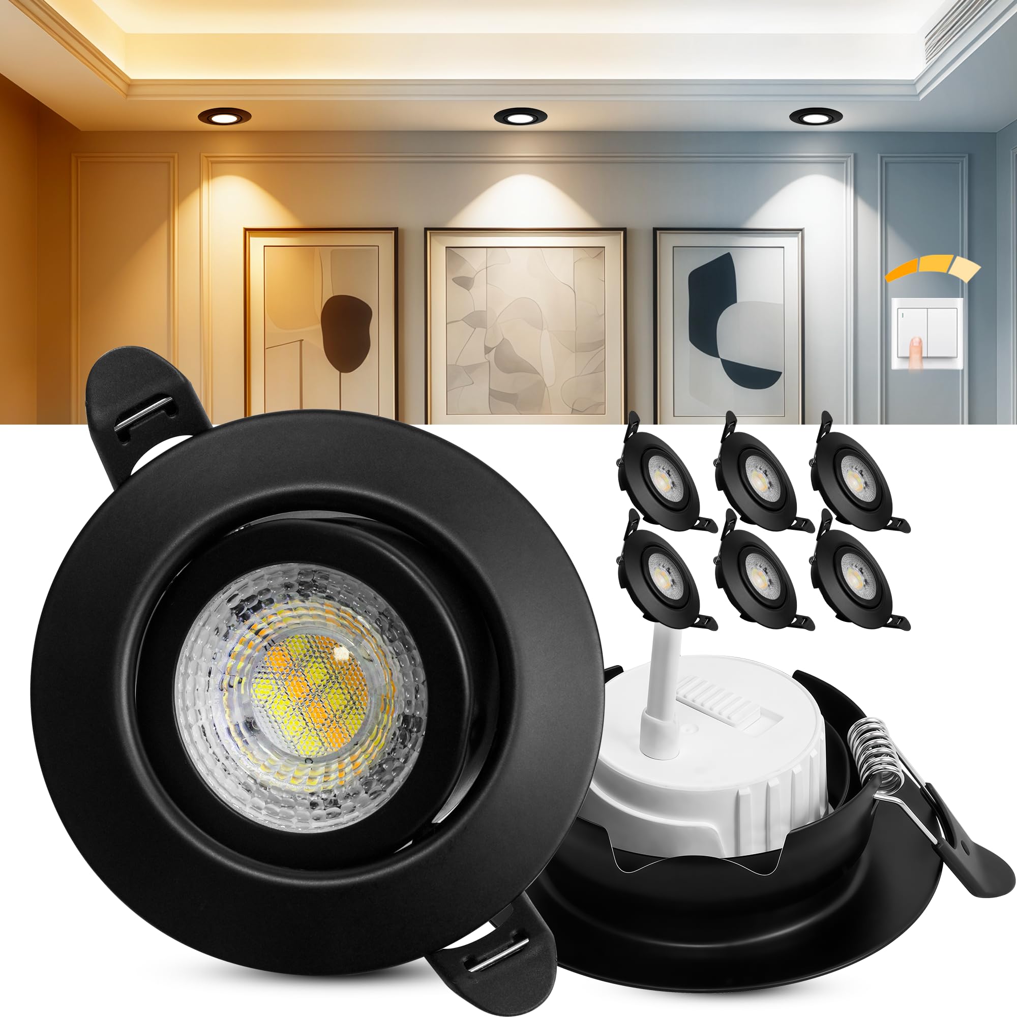 Laiebri LED Einbaustrahler 230V Dimmbar, 6W IP44 LED Spots, 68mm Deckenspots 38° Schwenkbar 3000K/4000K/6000k für Badezimmer Küche Wohnzimmer Einbauspots Flach Einbauleuchten, Schwarz, 6er Set