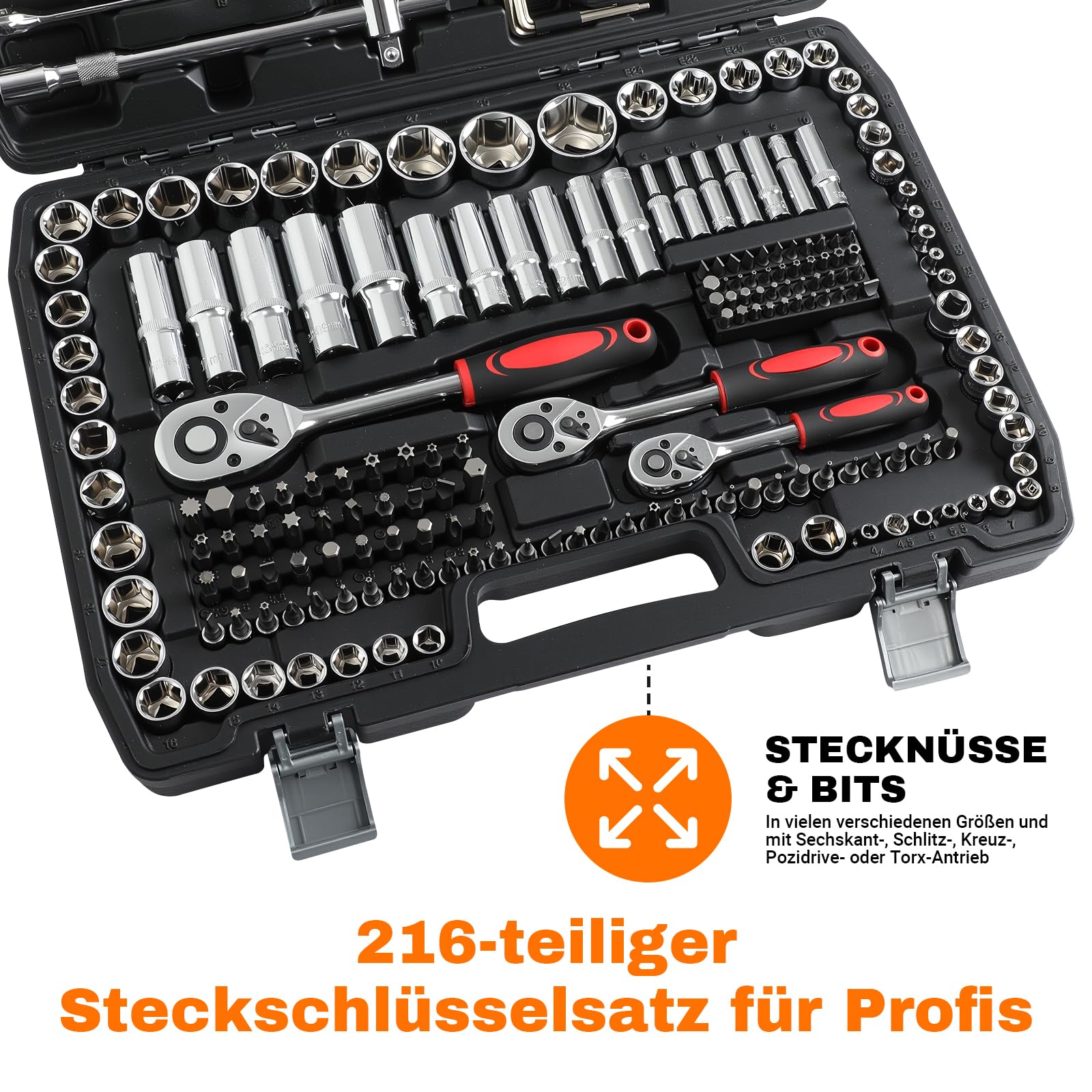 Steckschlüsselsatz, 216 tlg, 1/2"+1/4"+3/8" Zoll Knarrenkasten Ratschenkasten, CR-V Steckschlüssel-Satz, Werkzeugkoffer gefüllt mit Ratschen, Steckschlüssel und Bitsatz