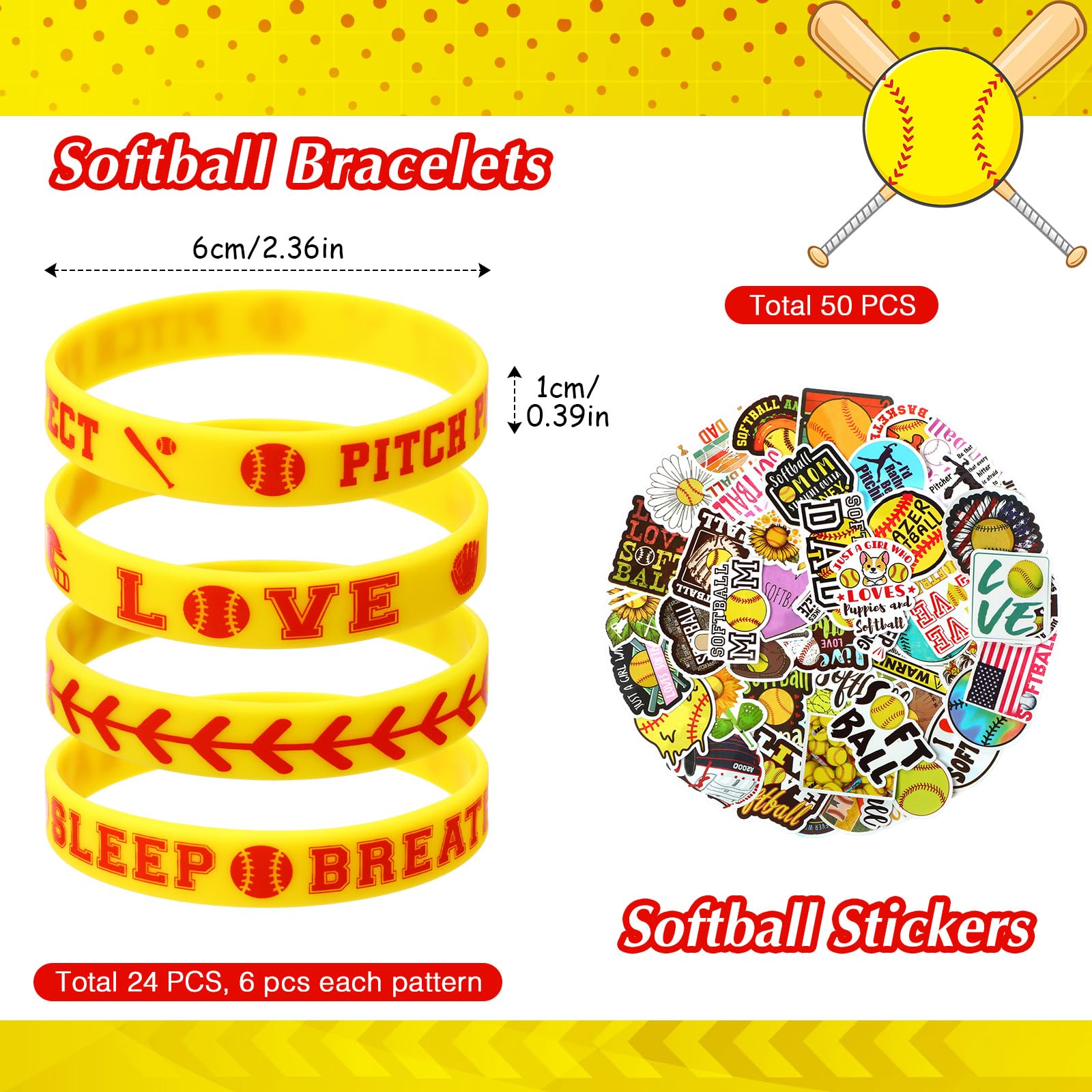 Aoriher 194 Pcs Sports Ball Party Favors Sports Silicone Bracelets Charm Bracelets Mini Bouncy Balls Toy Keychains Non Woven Gift Bags Sticker Eraser for Sport Party Supplies(Softball)