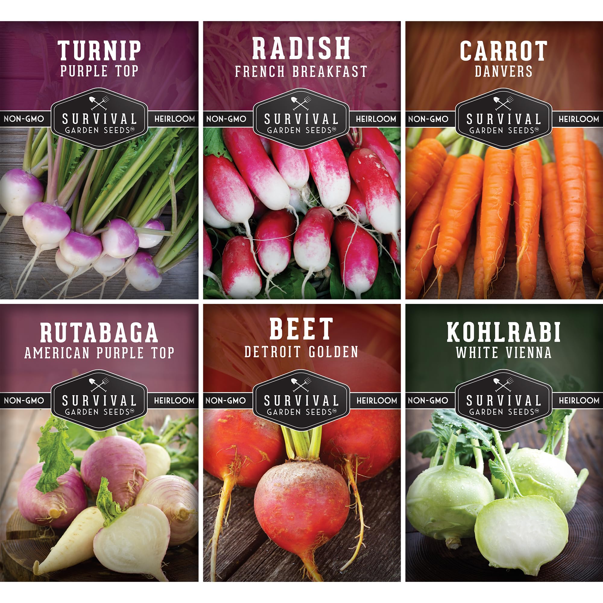 Root Vegetable Seeds for Planting Variety Pack – 6 Heirloom Non-GMO Root Crops: Carrots, Turnips, Radishes, Kohlrabi, Rutabaga, Beets – Survival Garden Seeds