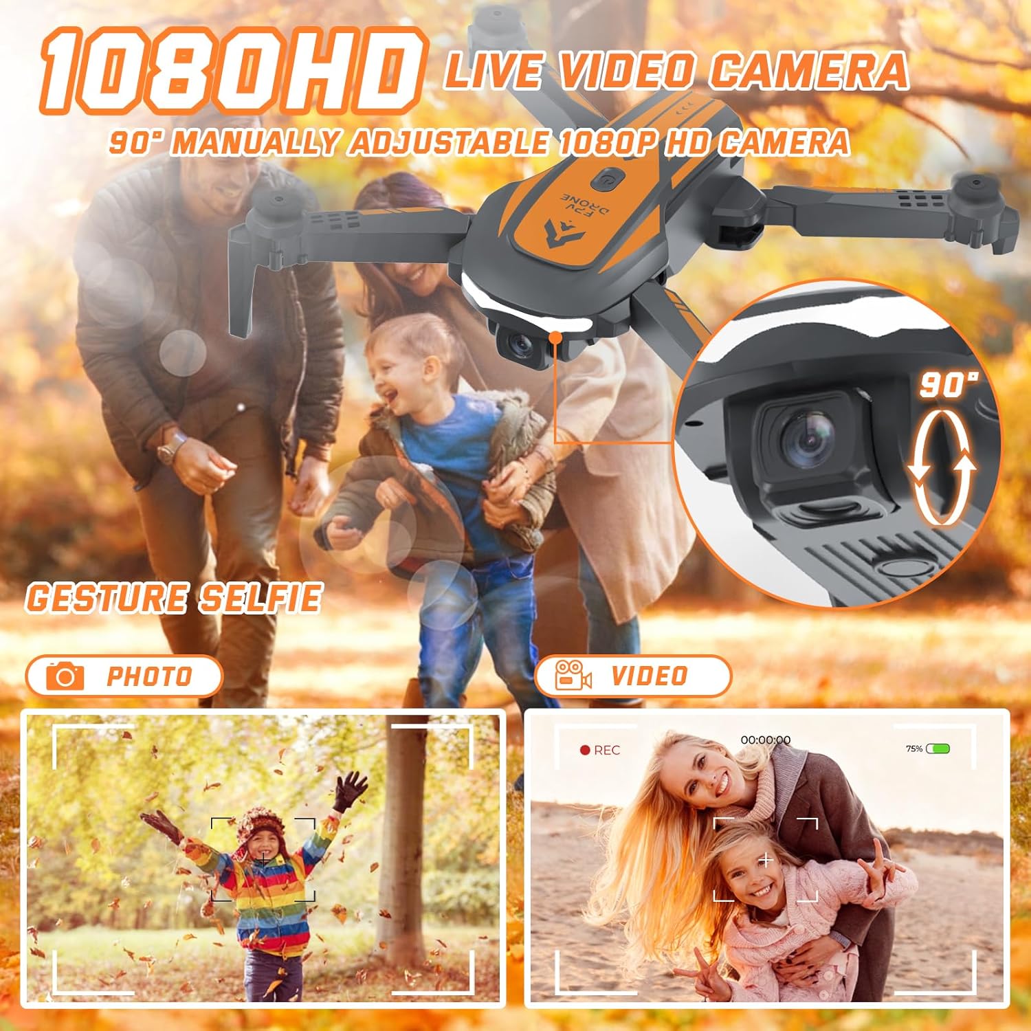 Drone with Camera for Kids Adults, Mini Foldable FPV Drones Remote Control Helicopter, RC Quadcopter with 1080P Live Video Camera, Gestures Selfie, One Key Start,2 Batteries, Toys/Gifts for Boys Girls