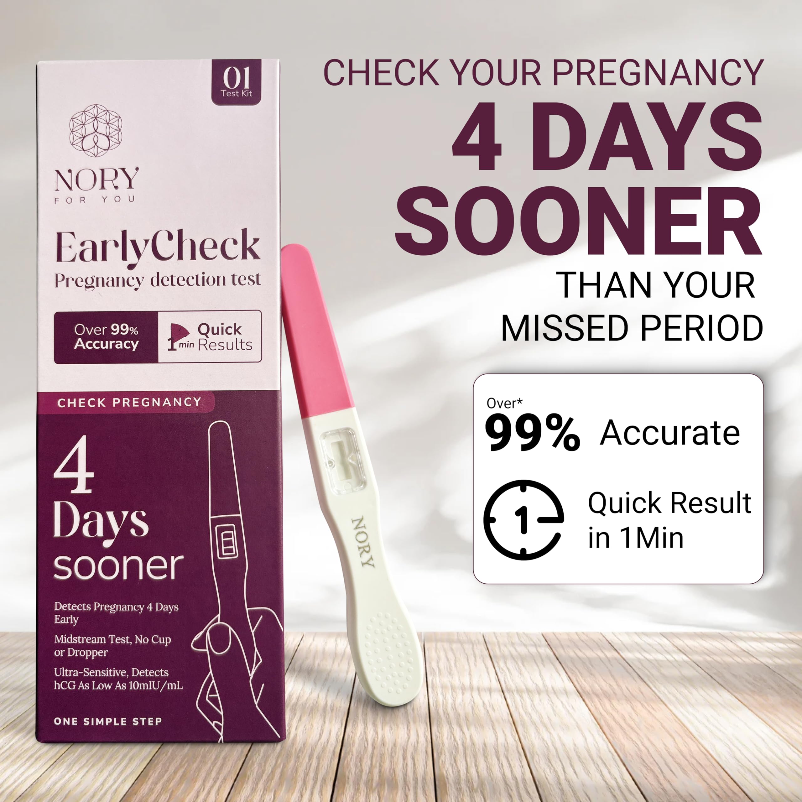 NORY EarlyCheck Pregnancy Test – Detects 4 Days Sooner, Over 99% Accuracy, Ultra-Sensitive hCG Detection (10 mIU/mL), Quick 1-Min Result, Midstream Test - Image 2 thumbnail