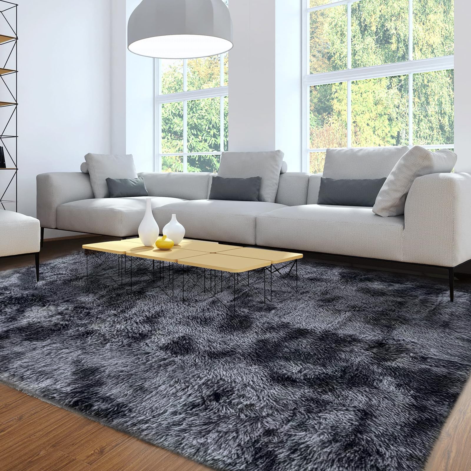ASIinnsy Alfombra Salón Pelo Largo Shaggy Alfombras de Habitacion Modernas Grandes Gris Alfombra Antideslizante Suave para Dormitorio Comedor Alfombra de Felpa (160 x 200 cm, Gris Negro)