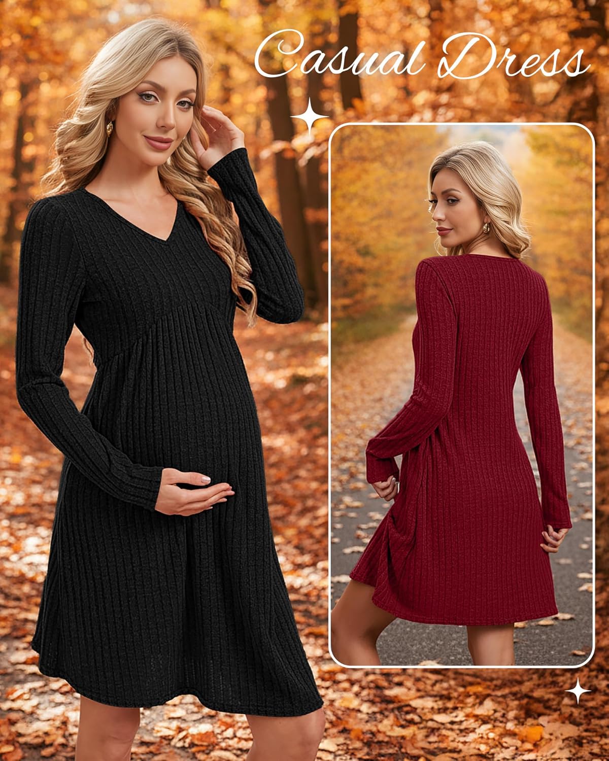 Cutecrop 2 Pack Women’s Maternity Dress Long Sleeve V Neck Ribbed Knit Pregnancy Dress Empire Waist Sweater Dress with Pocket