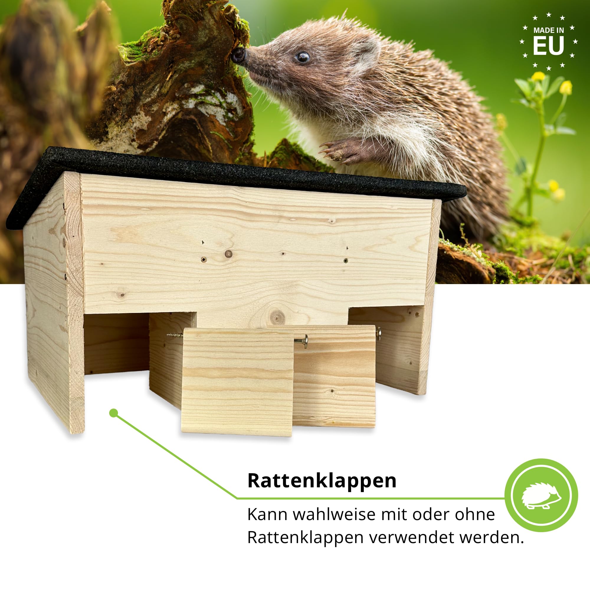GARTENETAGE Igel-Futterhaus wetterfest mit Rattenklappen – Futterstation für Igel aus Holz mit Schutz vor Katzen, Ratten & Regen – Igelhaus für Garten, naturnah & robust