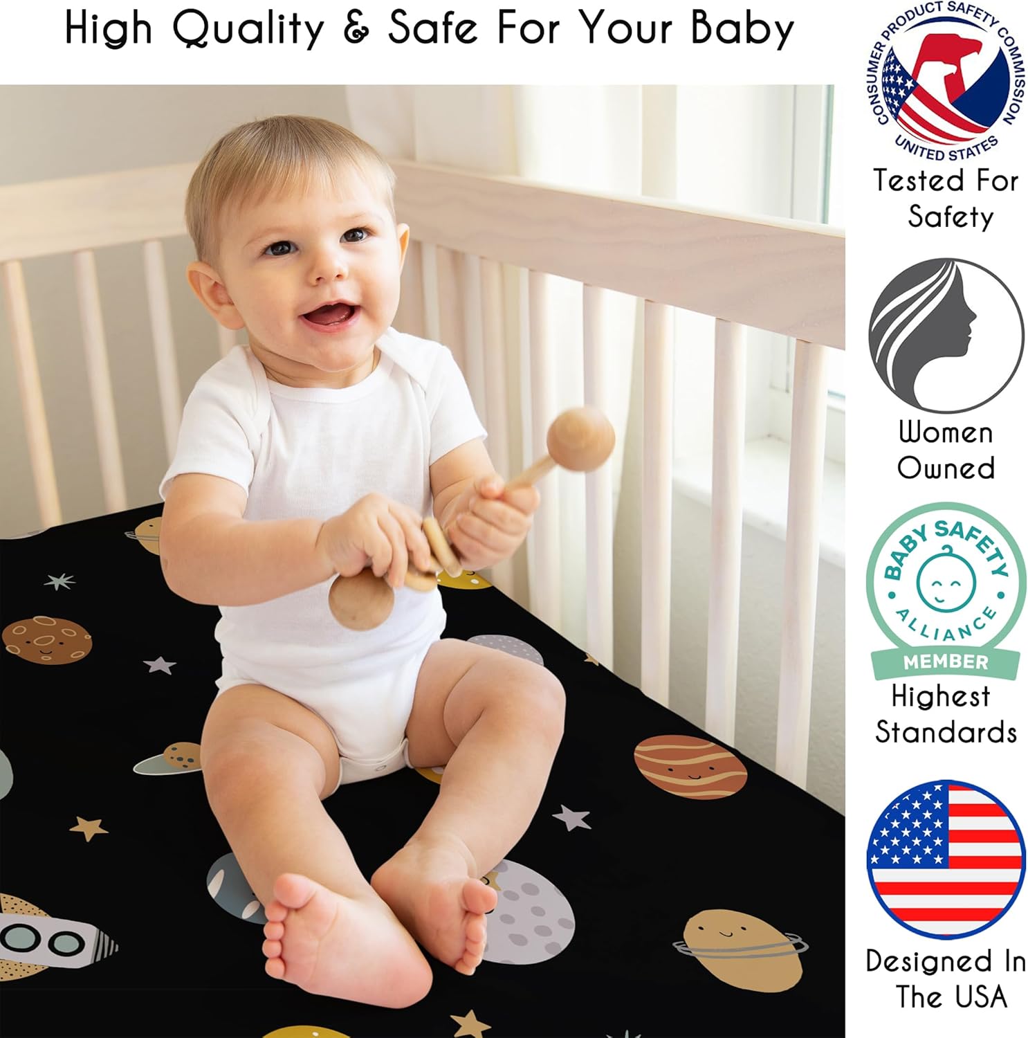 Sweet Jojo Designs Fitted Baby Crib Sheets (Black Outer Space Themed) for Boys, Infant Nursery, Toddler Room - Standard Size (Moon & Stars, Whimsical, Galaxy, Planets, Rocket Ships, Moons, Celestial)