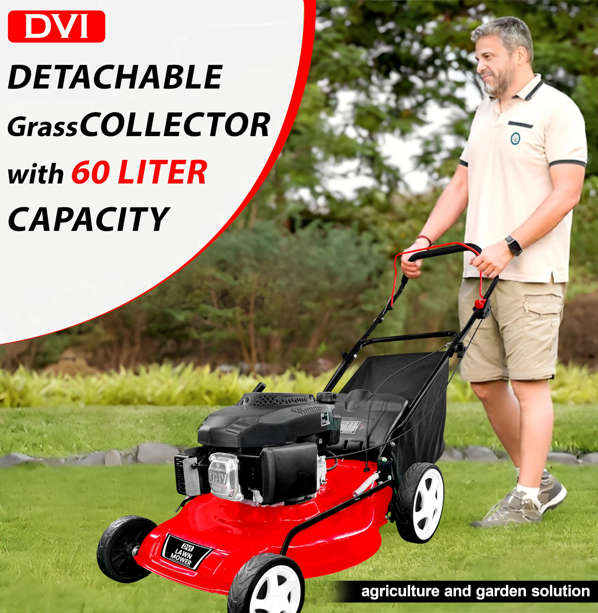 DVI 18 Inch Petrol Lawn Mower with 60L Grass Catcher Box for Lawn and Garden with 7-Height Cutting Position | High Power 4HP Engine with 3600 RPM | 1 Year Manufacturer Warranty. - Image 8 thumbnail