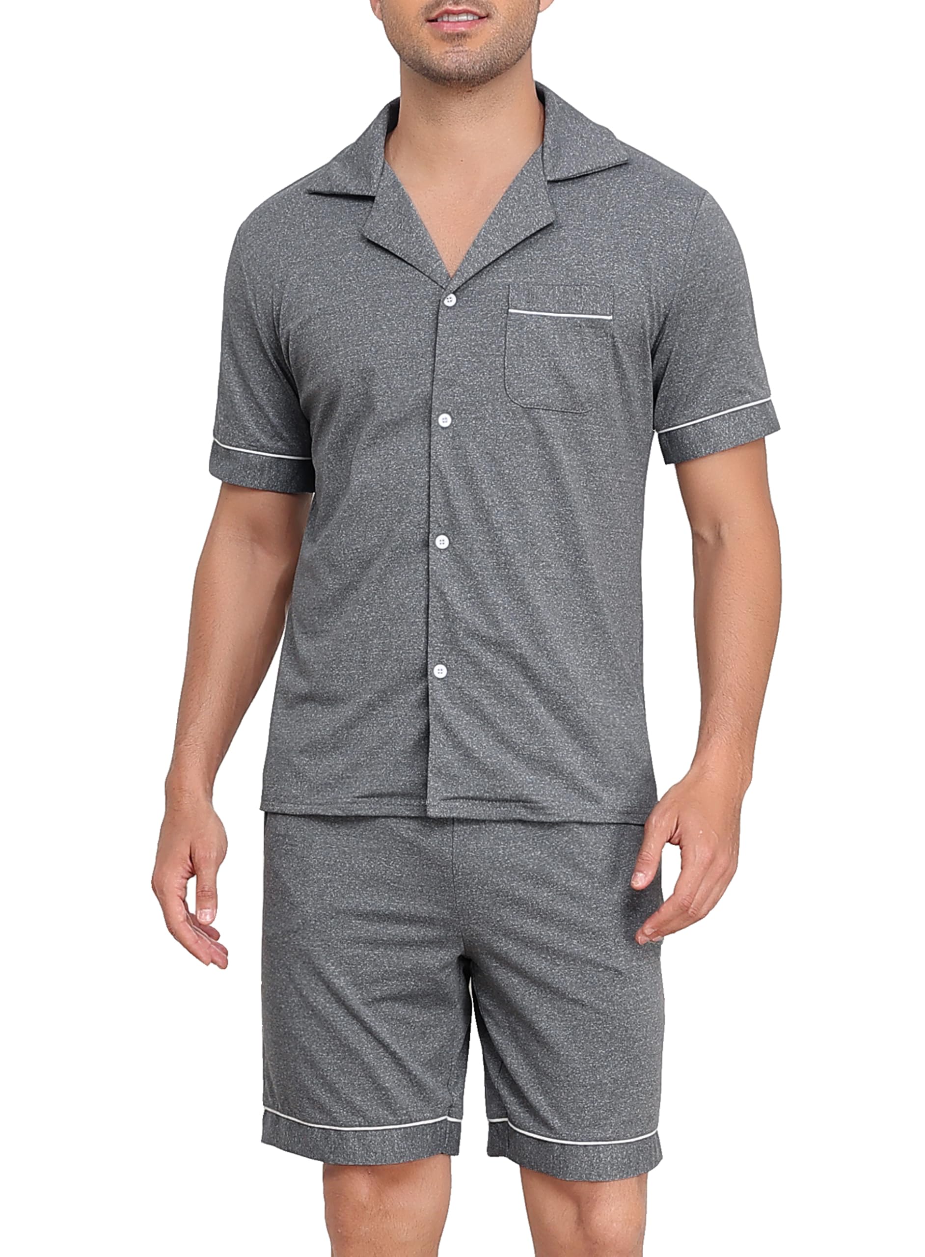 Sopesil Pigiama Uomo Estivo Corto Pigiami Due Pezzi Uomo Cotone con Bottoni Davanti e Maniche Corte Abbigliamento da Notte con Tasche Coulisse