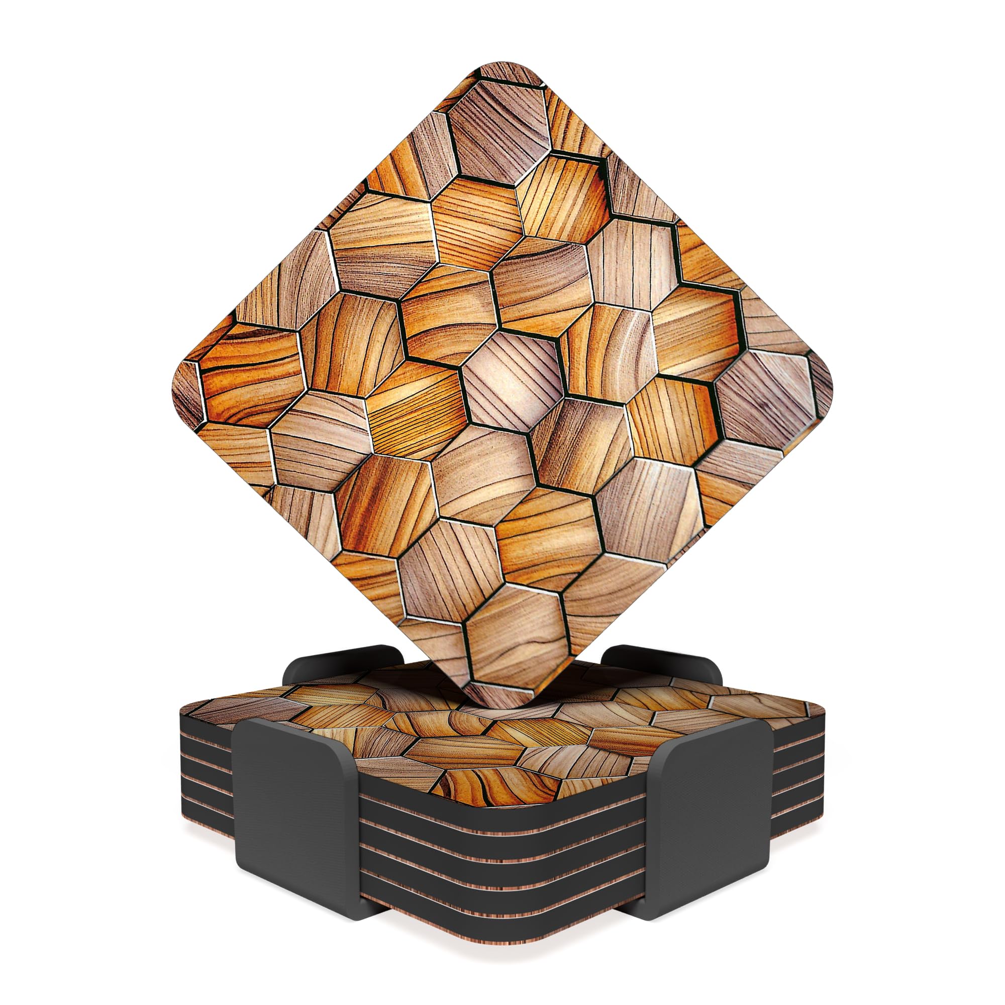Rav3 Coasters Set of 6 with Holder- Wood Grain Theme Cork Backed Coasters- Square